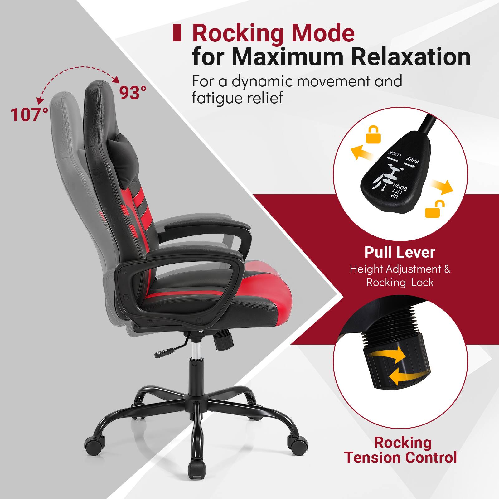 107° 93° Rocking Mode for Maximum Relaxation  
For a dynamic movement and fatigue relief  
FOCK FREE LIFT DOM  
Pull Lever Height Adjustment & Rocking Lock  
Rocking Tension Control