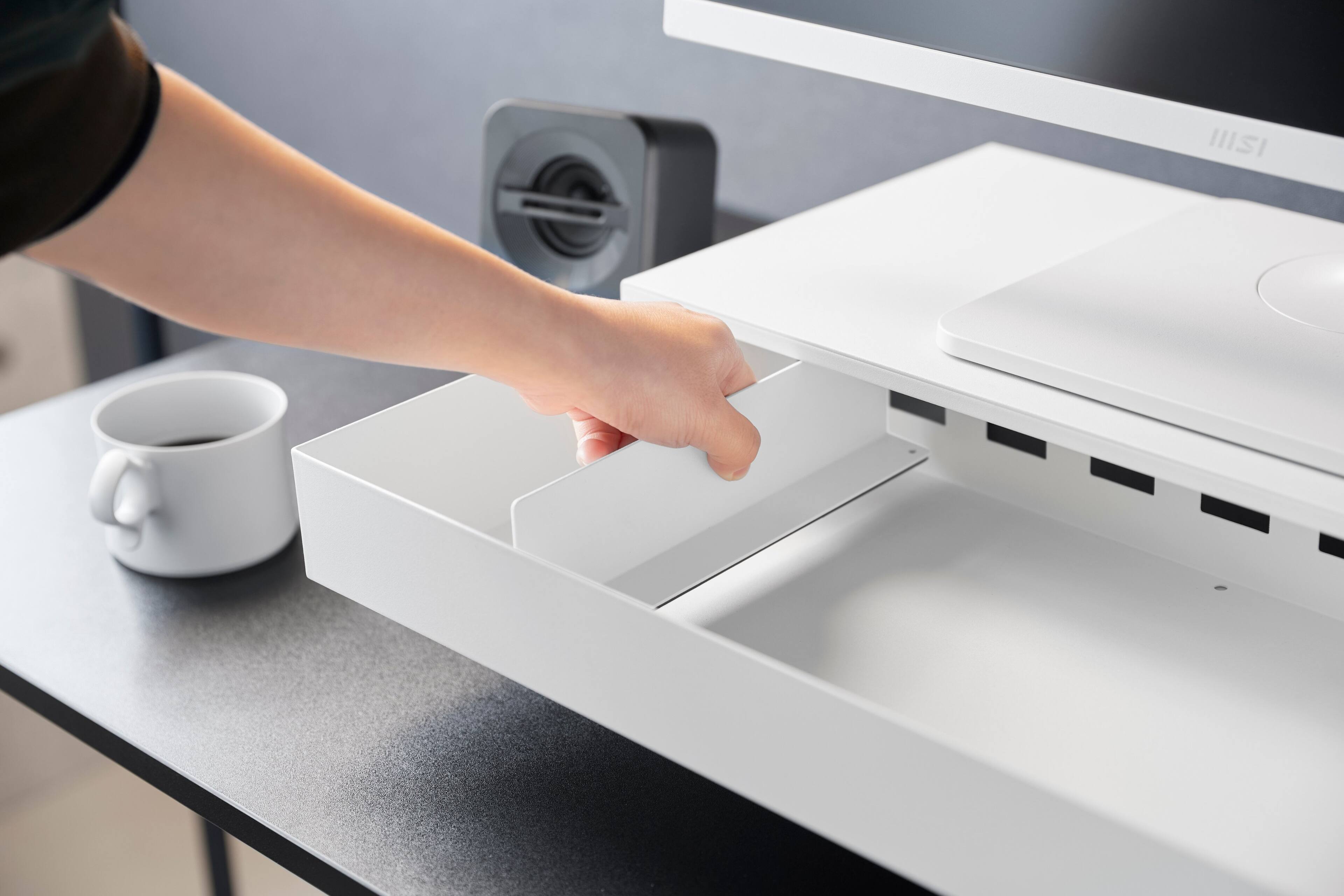 Back. Yamazaki Home - Monitor Stand With Drawer - Steel - White.