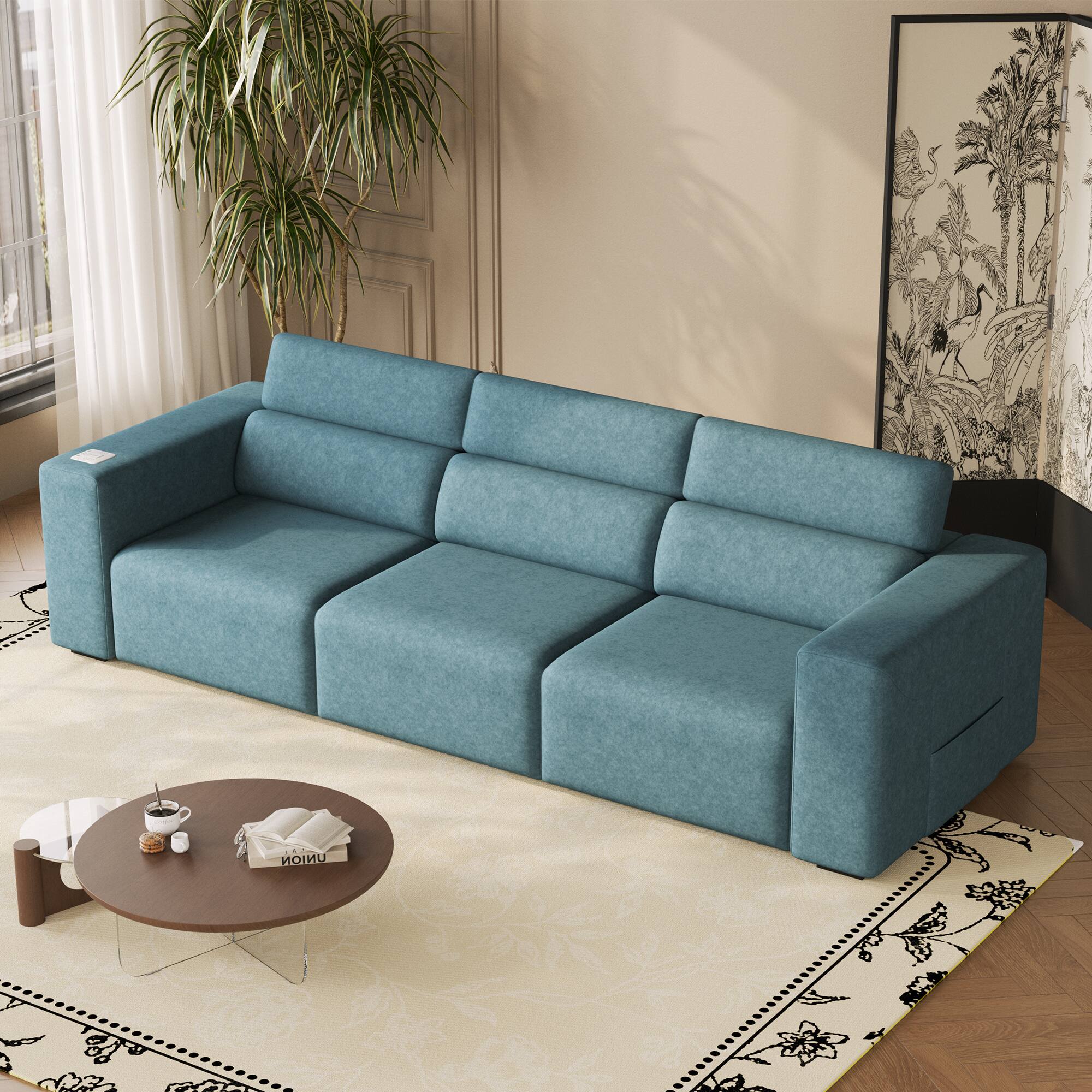 Boyel Living - Power Reclining Sofa Electric 3-Seat Recliner Sofa Modular Recliner Couch with Bluetooth stereo Wireless Charging - Dark Blue