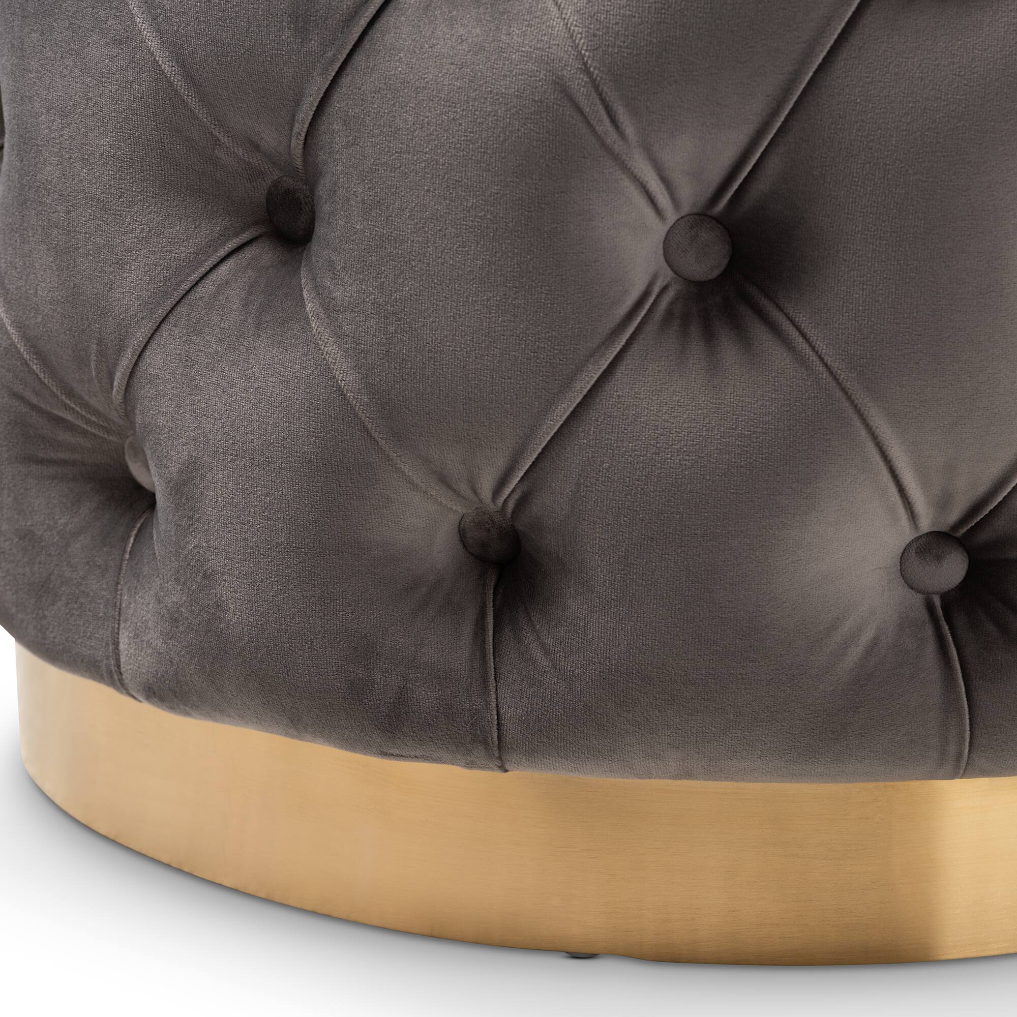 Angle. Baxton Studio - Valeria Glam Velvet Fabric Upholstered Gold-Finished Button Tufted Ottoman - Gray/Gold.