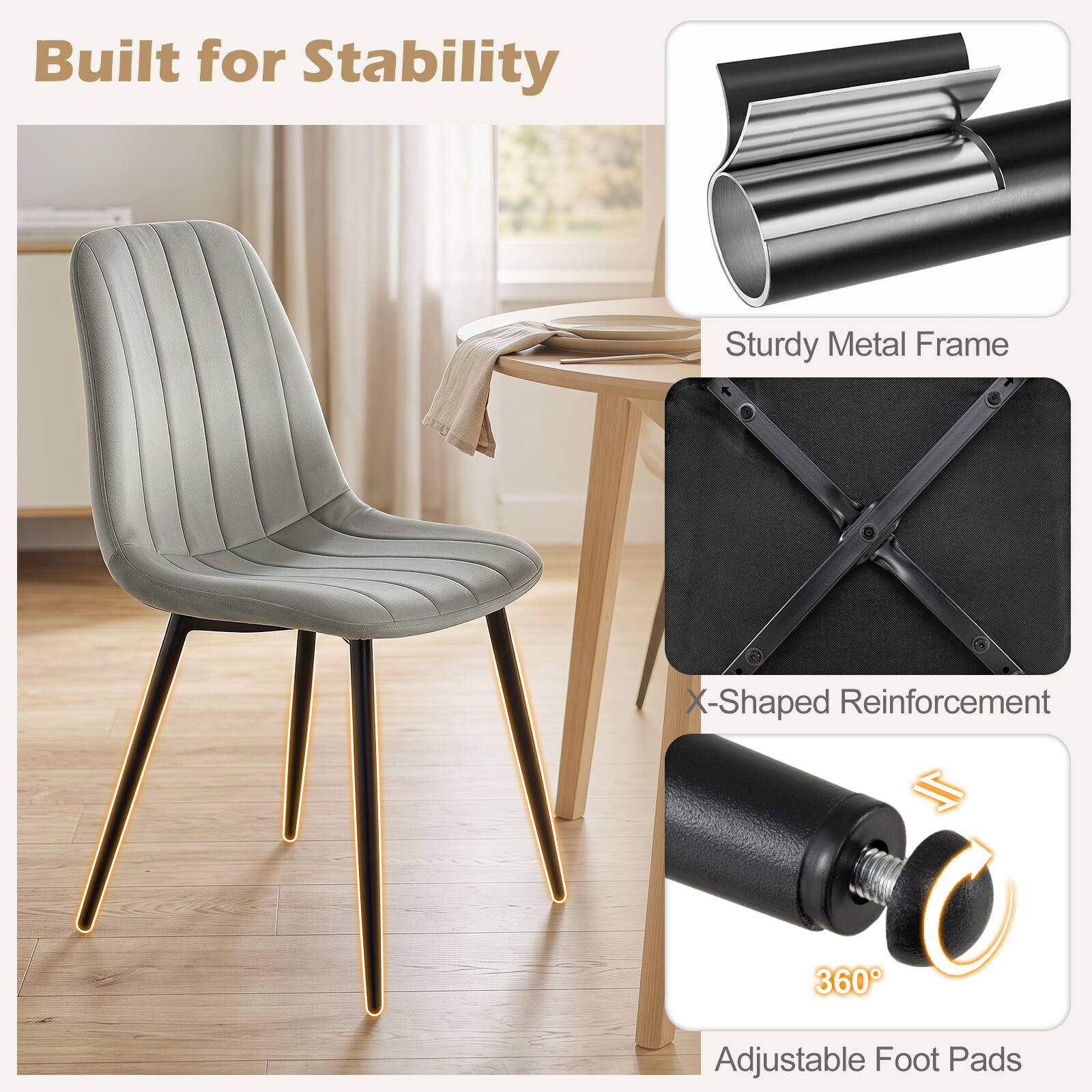 Built for Stability  
Sturdy Metal Frame  
X-Shaped Reinforcement  
360° Adjustable Foot Pads