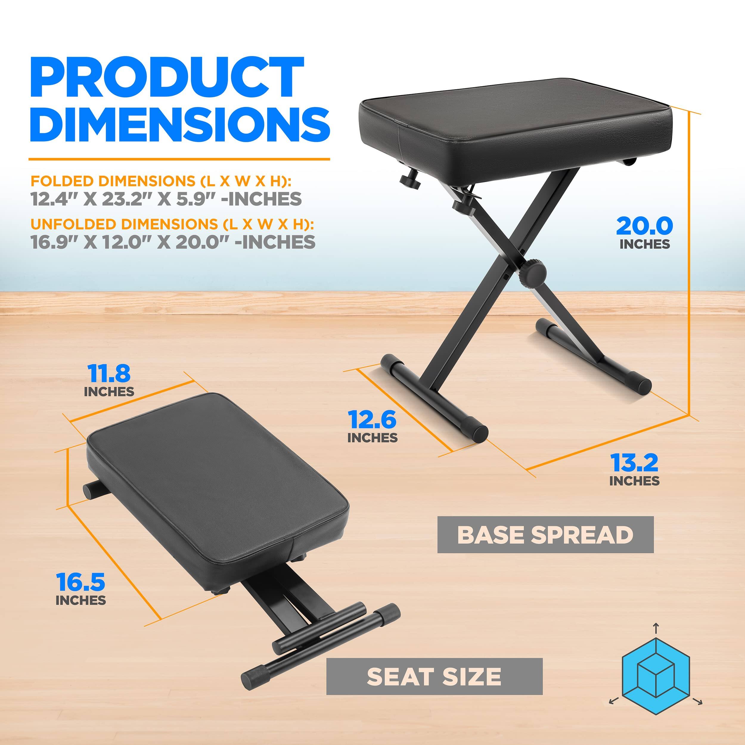 PRODUCT DIMENSIONS

FOLDED DIMENSIONS (L X W X H): 12.4" X 23.2" X 5.9" -INCHES

UNFOLDED DIMENSIONS (L X W X H): 16.9" X 12.0" X 20.0" -INCHES

BASE SPREAD: 16.5 INCHES

SEAT SIZE: 11.8 INCHES X 12.6 INCHES

BASE SPREAD: 13.2 INCHES