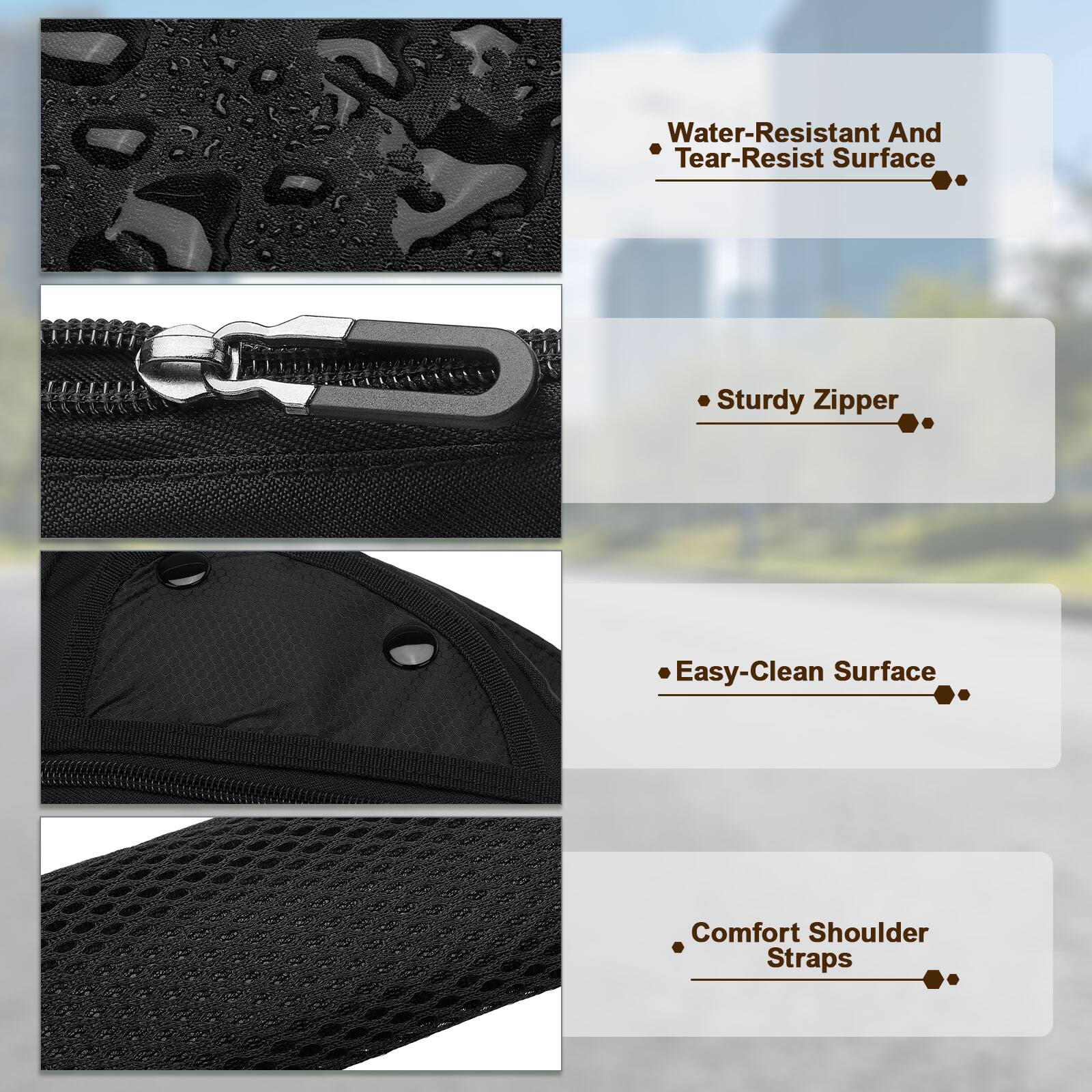 - Water-Resistant And Tear-Resist Surface
- Sturdy Zipper
- Easy-Clean Surface
- Comfort Shoulder Straps