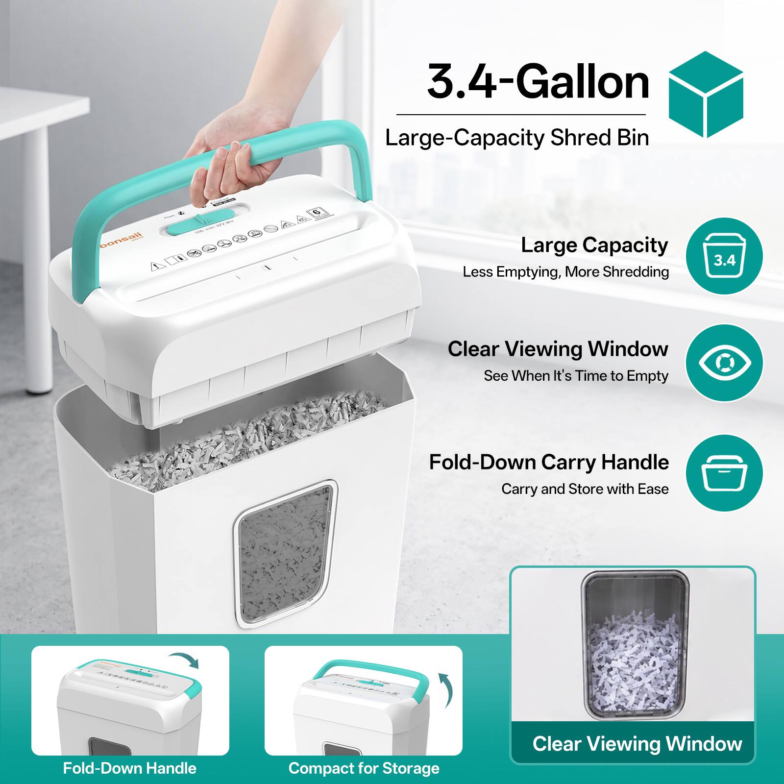 3.4-Gallon Large-Capacity Shred Bin

Large Capacity
Less Emptying, More Shredding

Clear Viewing Window
See When It's Time to Empty

Fold-Down Carry Handle
Carry and Store with Ease

Fold-Down Handle
Compact for Storage

Clear Viewing Window