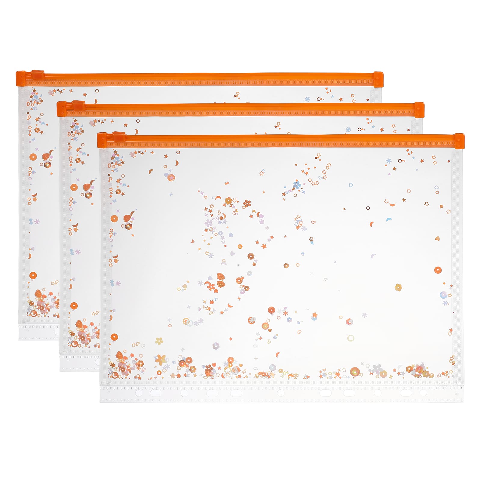 Unique Bargains - 3pcs A4 Plastic Binder Zipper Pockets 12x9 Inch Clear Envelope Folders Planner Waterproof with Sequin Decor - Bright Orange price history on PriceWatchPro