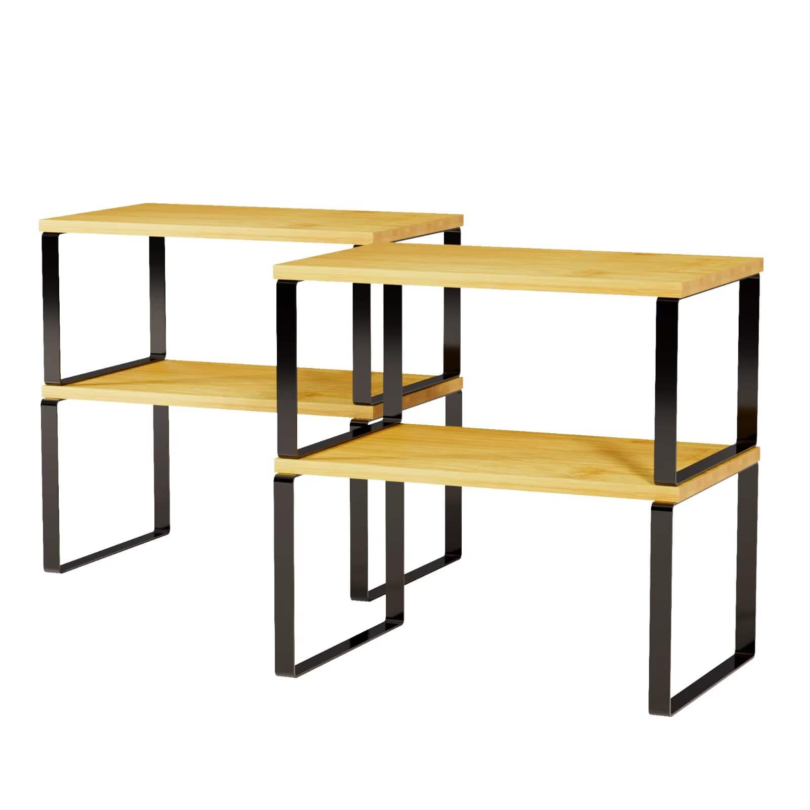 Tooloton - 2 Pack Stackable Cabinet Shelf Organizers, Expandable Counter Rack & Spice Rack in Black and Natural (Short Version) - Black