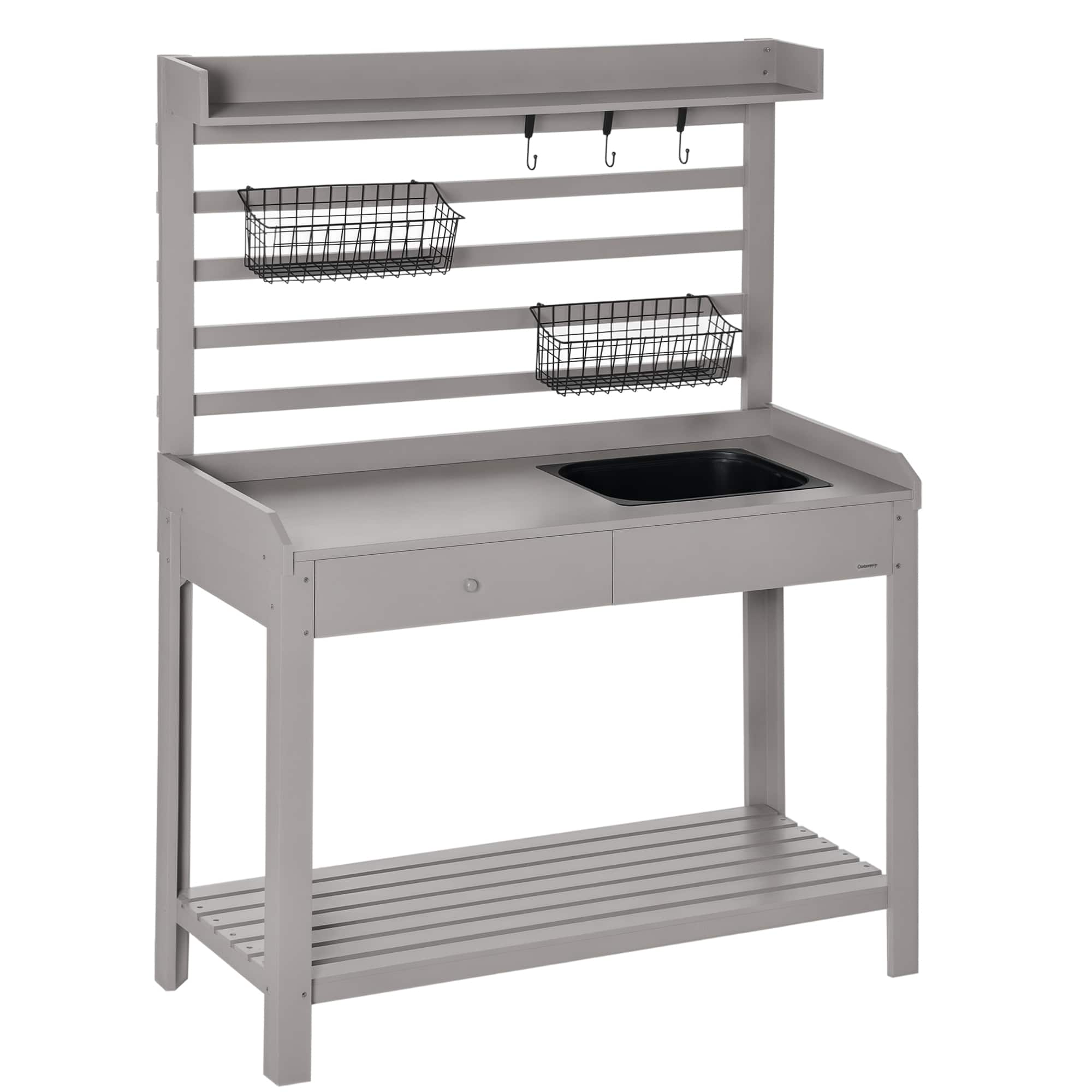 Front. Outsunny - Potting Bench Table, Garden Work Bench, Workstation with Metal Sieve Screen, Removable Sink - Grey.