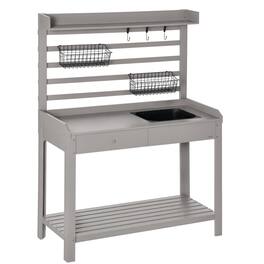 Outsunny - Potting Bench Table, Garden Work Bench, Workstation with Metal Sieve Screen, Removable Sink - Gray