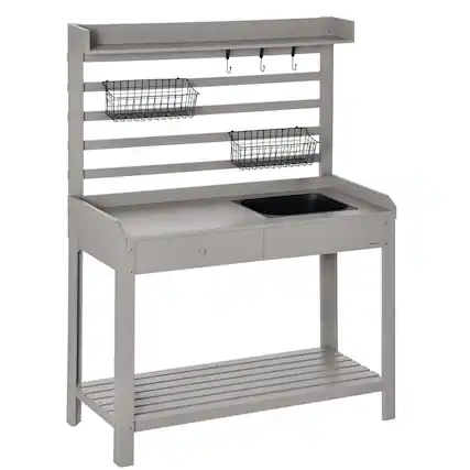 Front. Outsunny - Potting Bench Table, Garden Work Bench, Workstation with Metal Sieve Screen, Removable Sink - Grey.