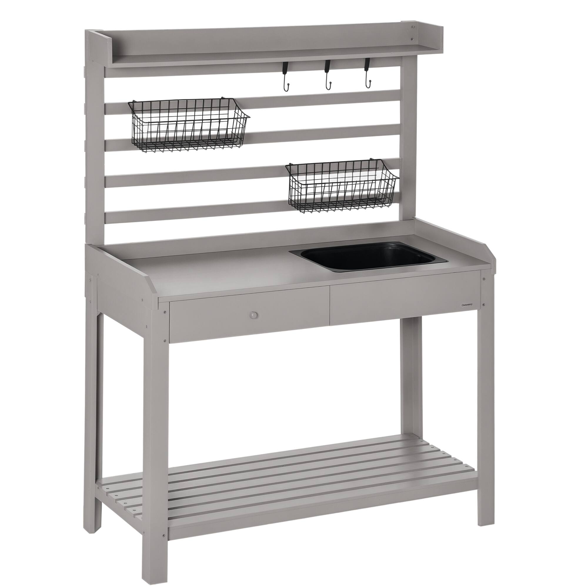 Front. Outsunny - Potting Bench Table, Garden Work Bench, Workstation with Metal Sieve Screen, Removable Sink - Grey.