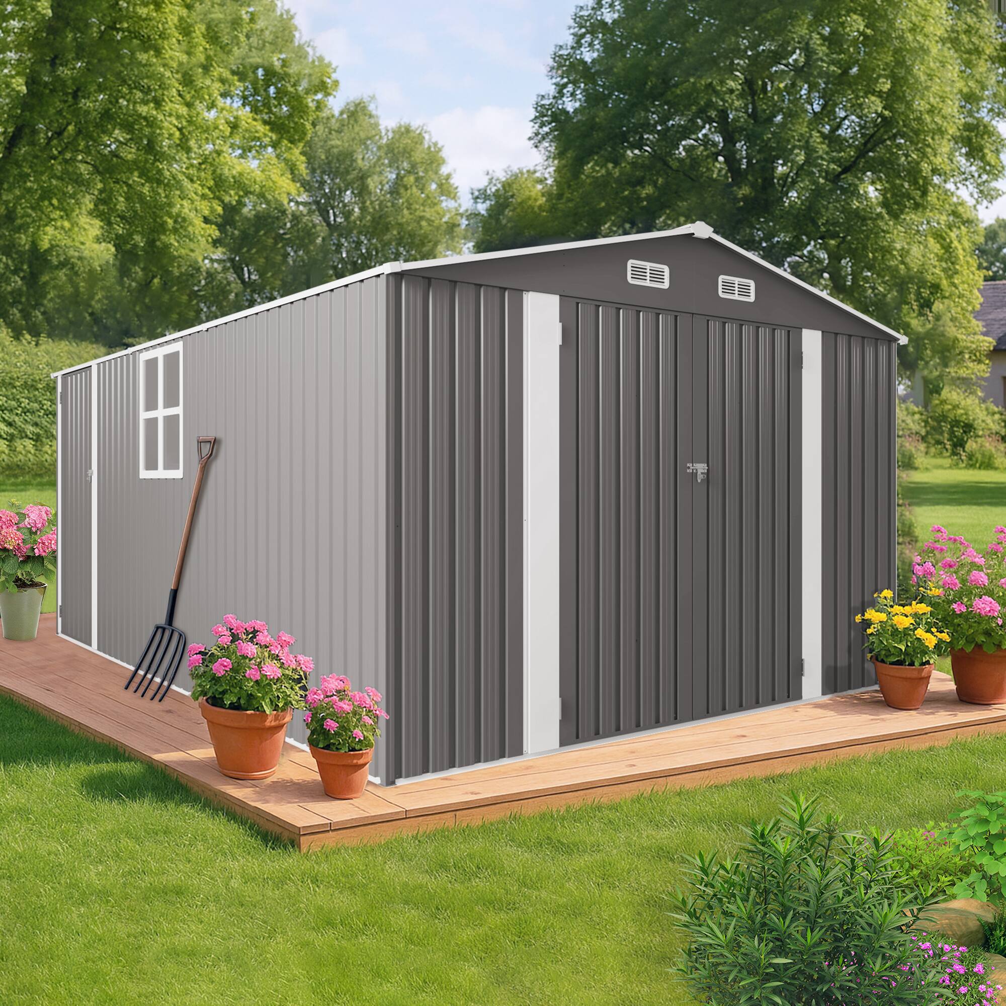 Alt View 1. TinyHomie - 10 x 14FT Outdoor Metal Storage Shed Durable Garden Shed with Three Lockable Doors and Clear Window All-Weather Shelter.