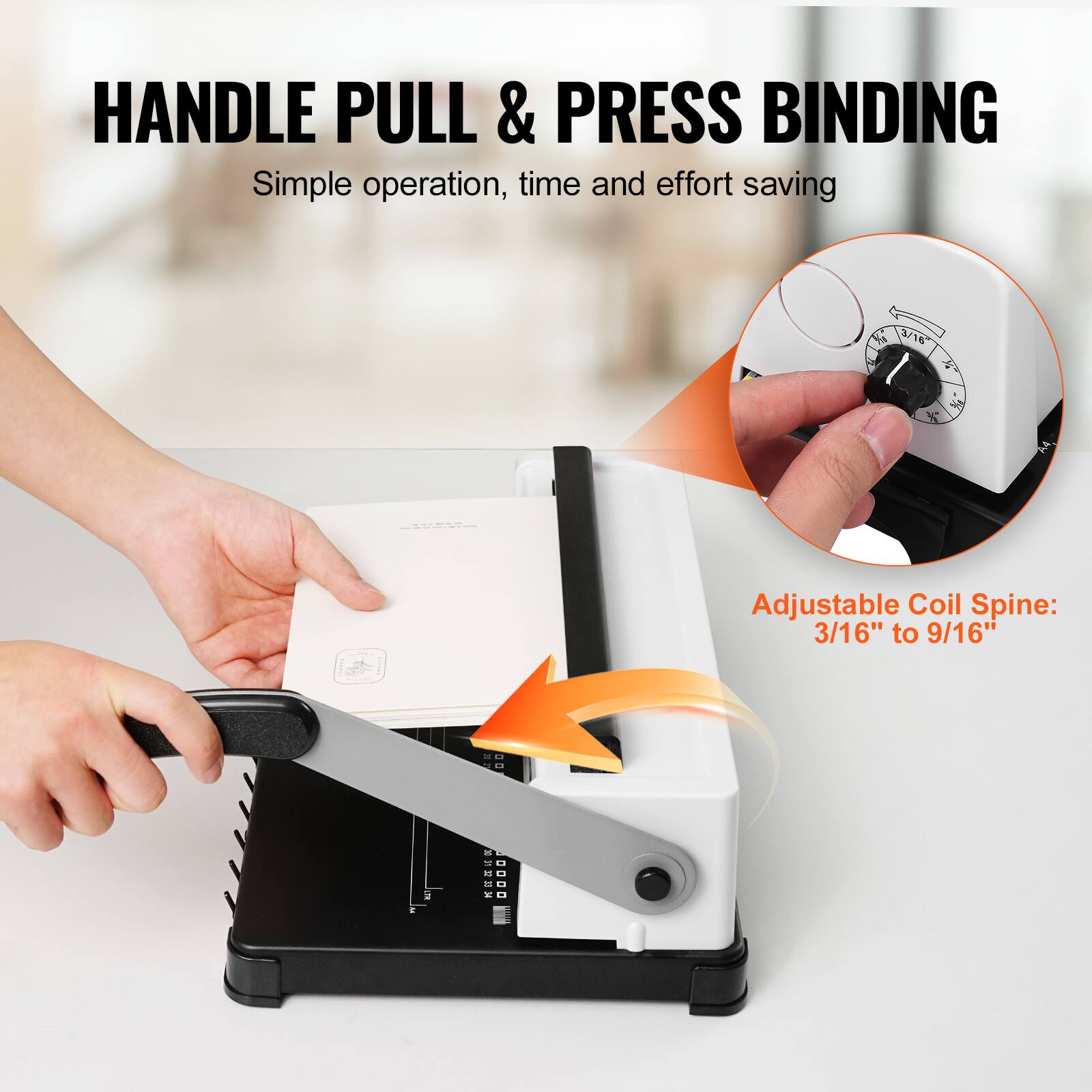 HANDLE PULL & PRESS BINDING  
Simple operation, time and effort saving  

Adjustable Coil Spine: 3/16" to 9/16"