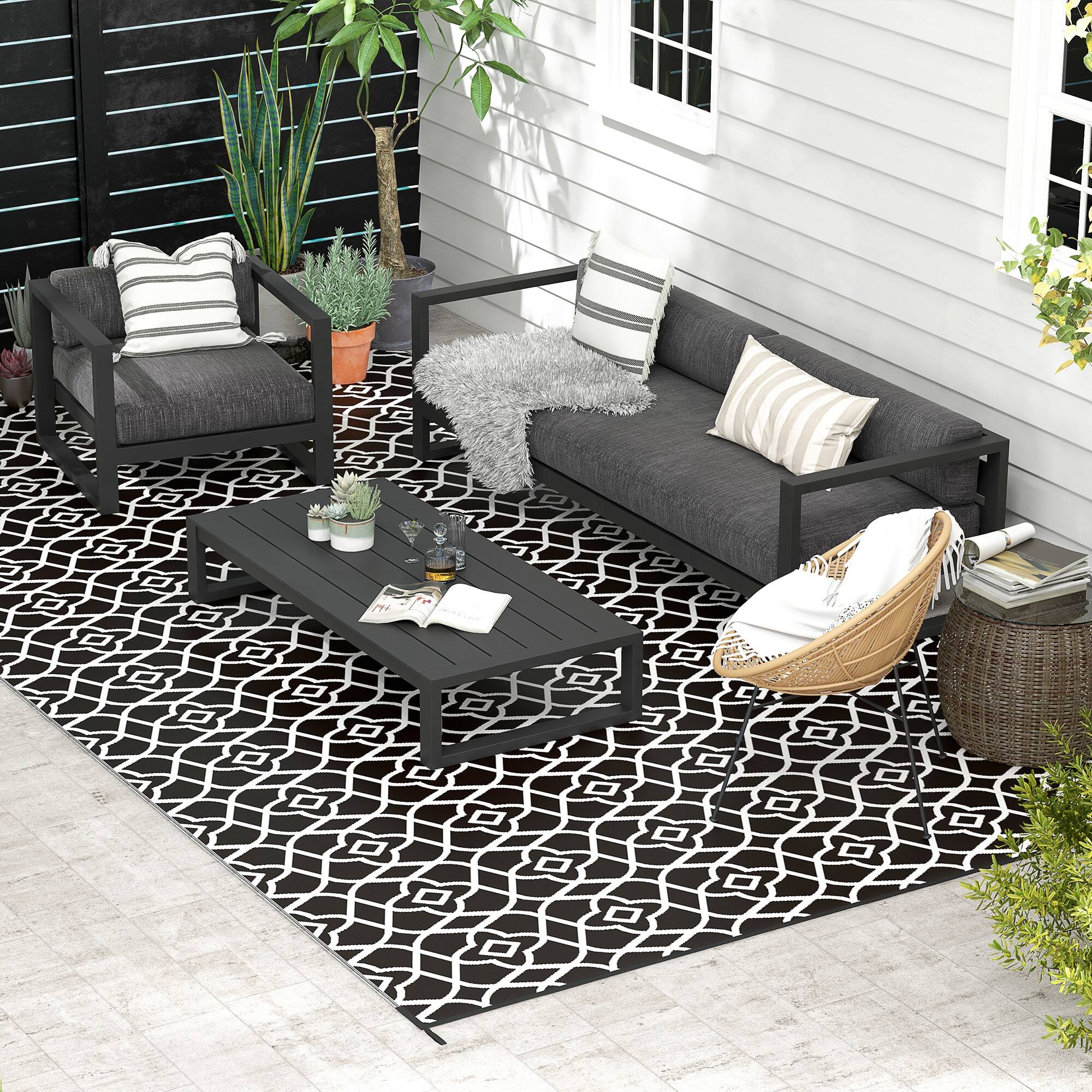 Alt View 1. Outsunny - Outdoor Rug for Patio, 9' x 18' Waterproof Large Mat, Reversible Plastic Straw Rug for Décor - Black and White Clover.