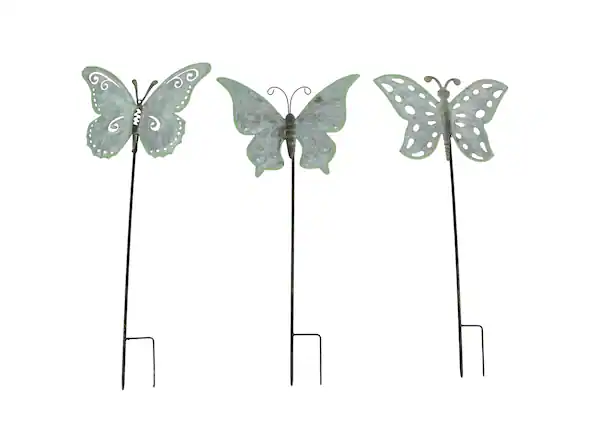 Front. Things2Die4 - Set of 3 Galvanized Metal Butterfly Garden Stakes Patio Yard Art Outdoor Decor - Multicolored.