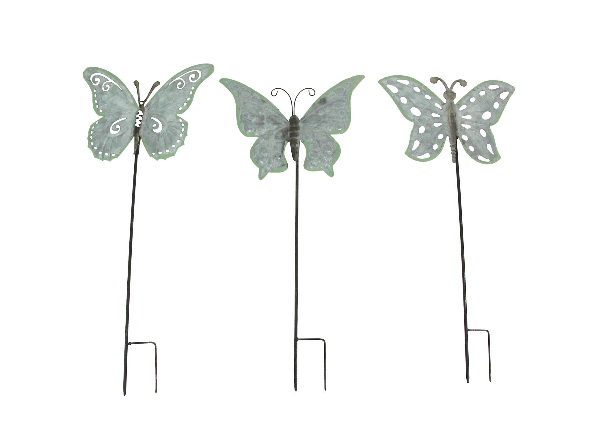 Front. Things2Die4 - Set of 3 Galvanized Metal Butterfly Garden Stakes Patio Yard Art Outdoor Decor - Multicolored.