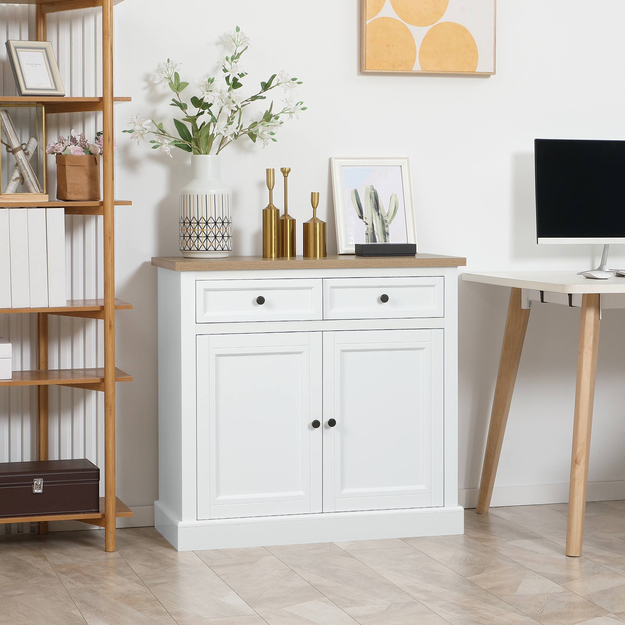 Alt View 1. Homcom - Sideboard Buffet Cabinet, Kitchen Cabinet, Coffee Bar Cabinet with 2 Drawers and Double Door Cupboard for Room - White.