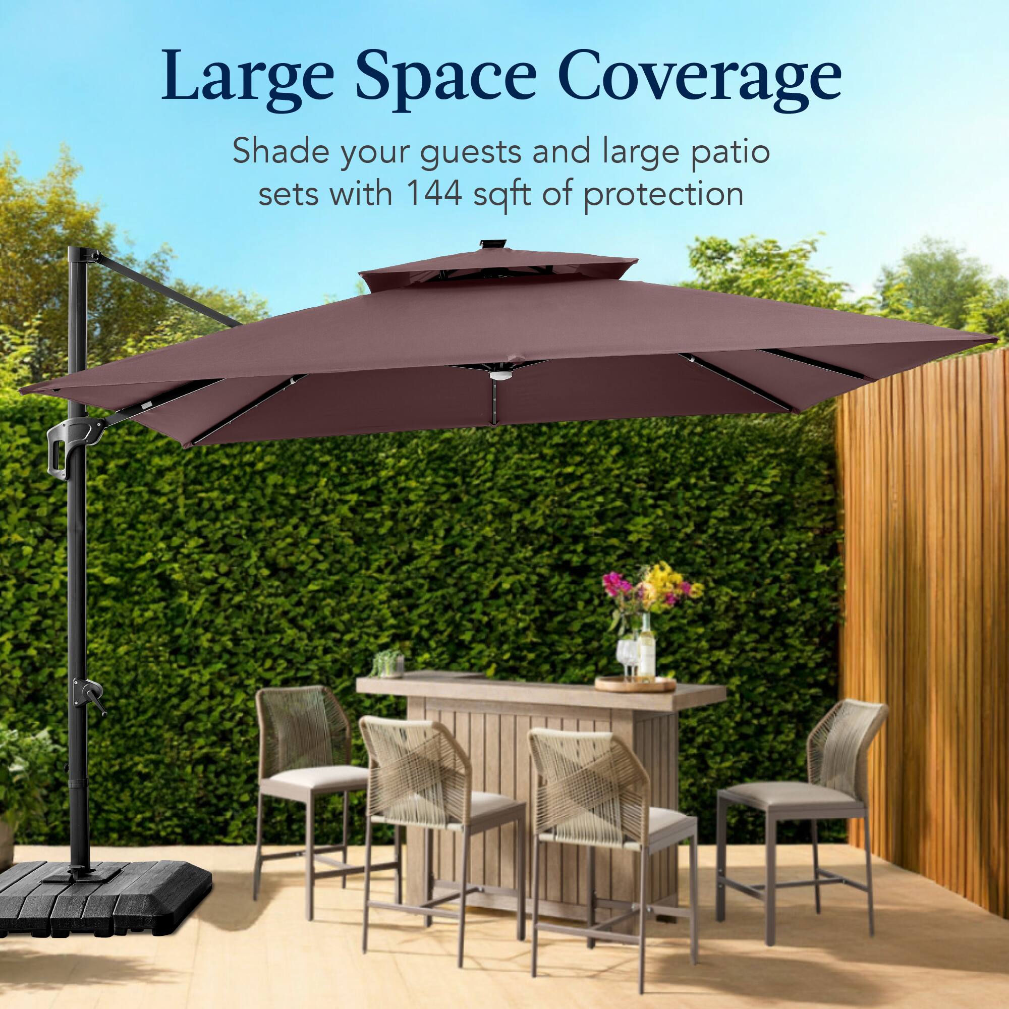 Large Space Coverage  
Shade your guests and large patio sets with 144 sqft of protection