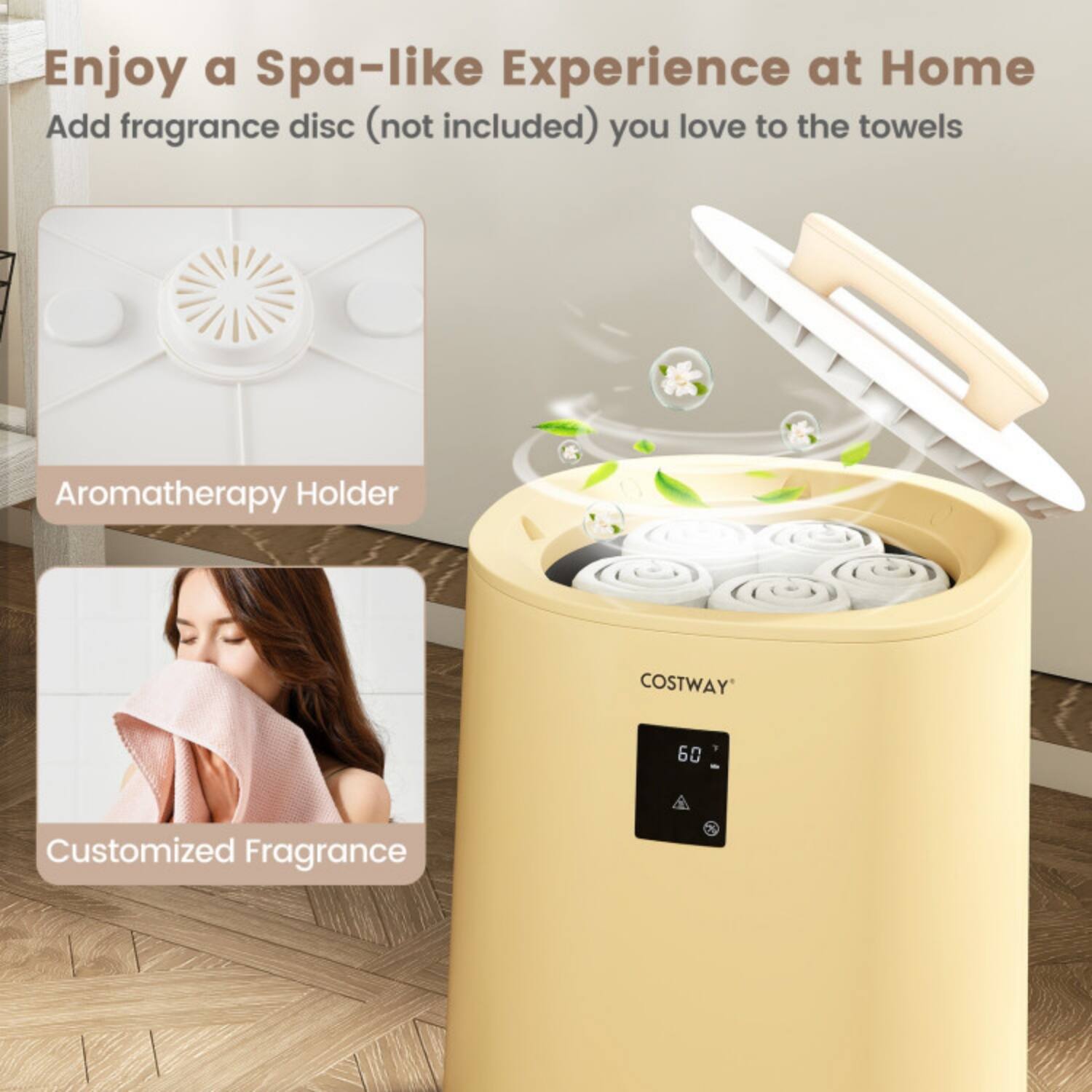 Enjoy a Spa-like Experience at Home  
Add fragrance disc (not included) you love to the towels  

Aromatherapy Holder  
Customized Fragrance  

COSTWAY