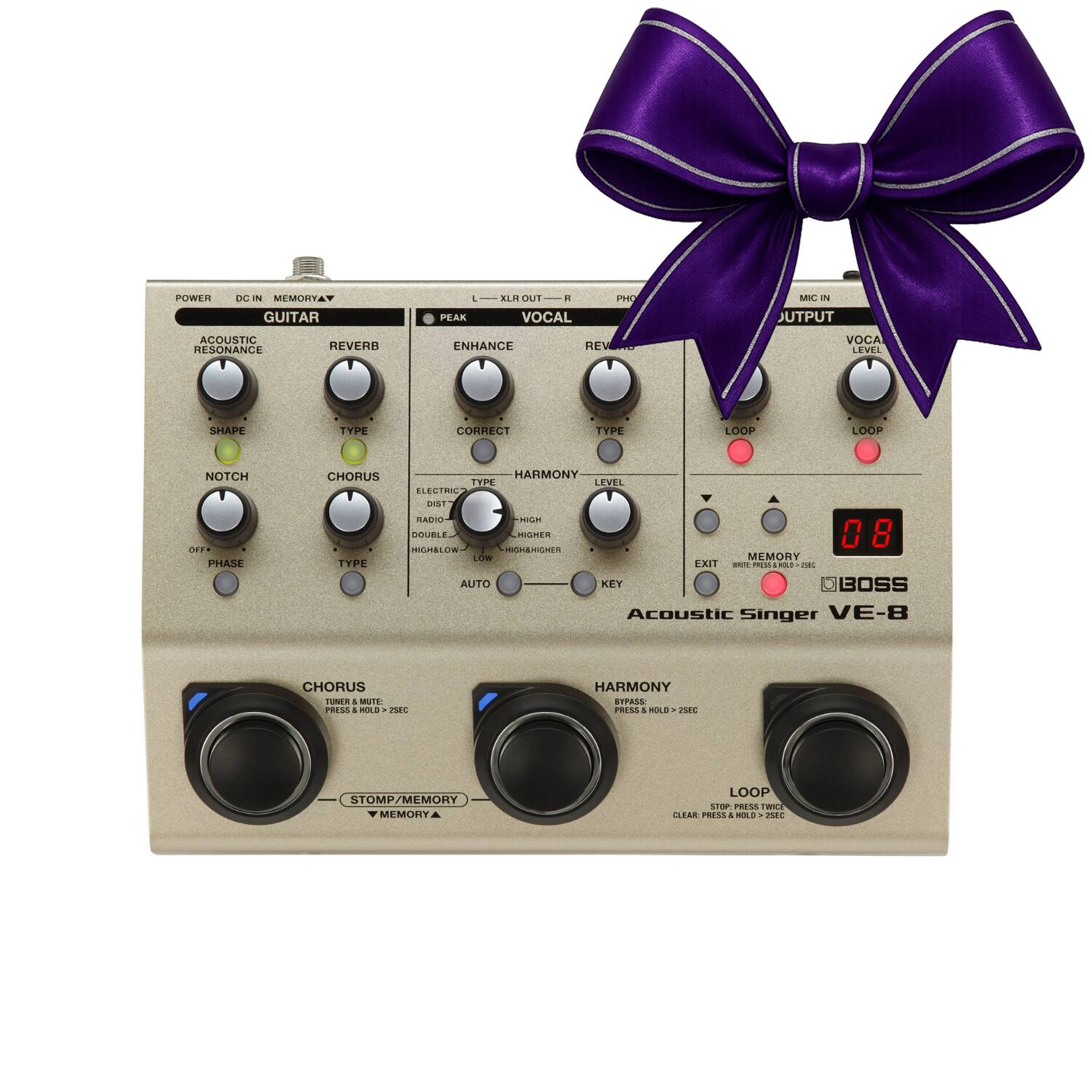 POWER DC IN MEMORY GUITAR  
ACOUSTIC RESONANCE  
REVERB  
SHAPE  
TYPE  
NOTCH  
CHORUS  
ELECTRIC  
RADIO  
DOUBLE  
HIGHER  
0.8 SLOW  
MEMORY EXIT  

PEAK  
VOCAL  
ENHANCE  
CORRECT  
TYPE  
LEVEL  
PHASE  
TYPE  
HIGH/LOW  
AUTO  
KEY  

LOOP  
LOOP  
HARMONY  
TYPE  
LEVEL  
TYPE  
HARMONY  
PRESS & HOLD > 2 SEC  

CHORUS  
PRESS & HOLD > 2 SEC  

LOOP  
TOP: PRESS TWICE  
CLEAR: PRESS AND HOLD > 2 SEC  

BOSS  
Acoustic Singer VE-8