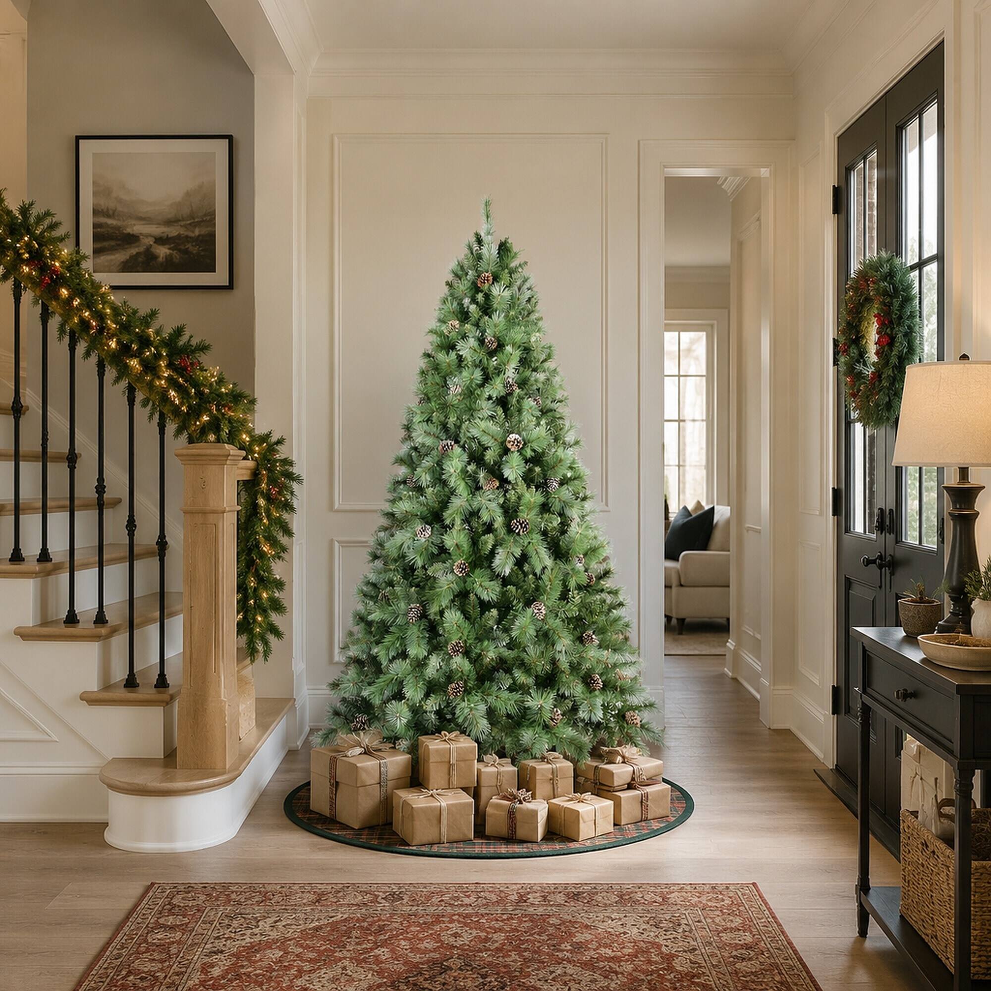 Alt View 1. RYHNUYNE - 7FT Christmas Tree With 82 Pine Cones, 1348 Mixed PVC Hard Needle Branches Hinged Structure Sturdy Metal Stand - Green.