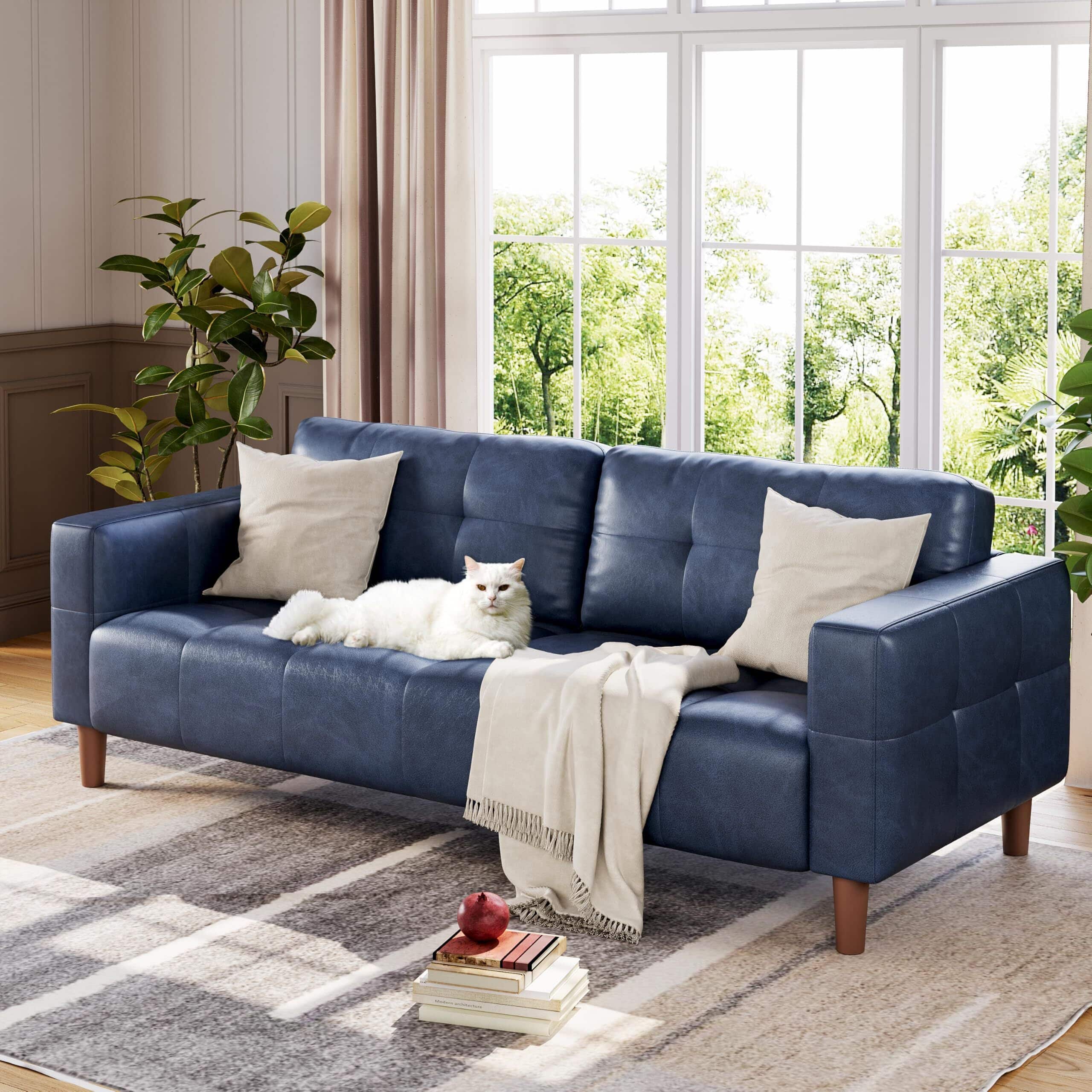 Acekool - 3-Seater Sofa Couch, 83" Wide Faux Leather Sofa Couch with Spring Cushion - Blue