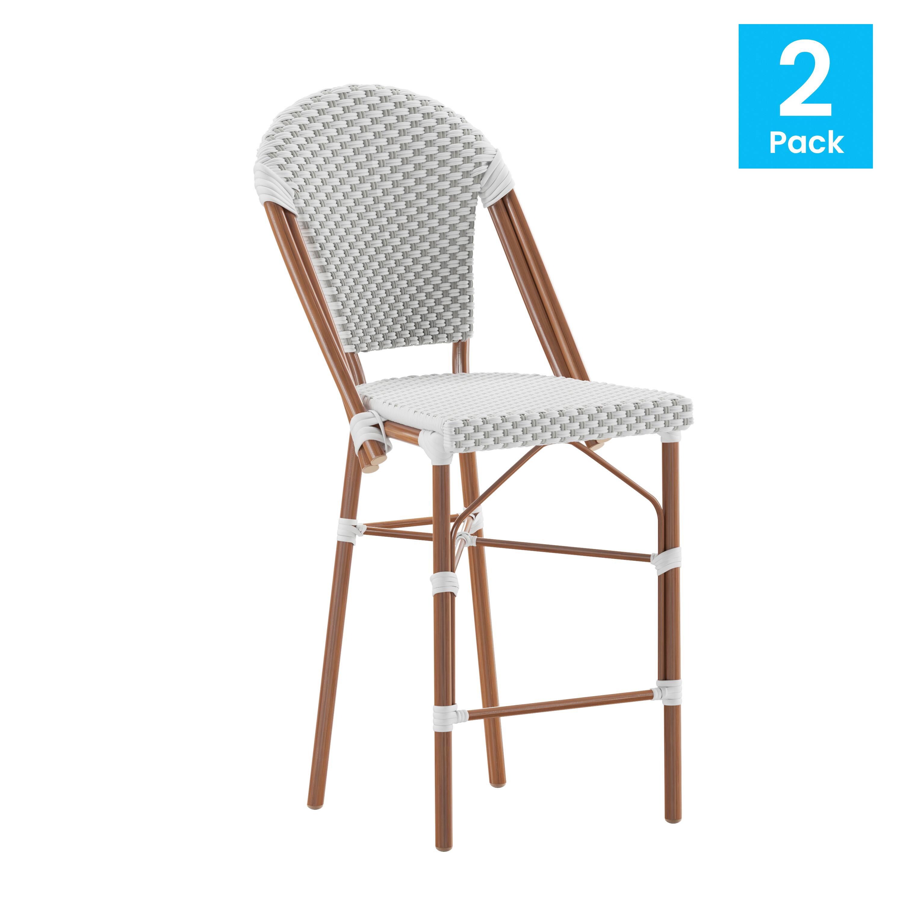 Alt View 1. Emma + Oliver - Colmar Set of Two Indoor/Outdoor 26" High Stacking Bistro Counter Stools with Patterned Seat and Back and Metal Frames - White & Gray/Natural Frame.