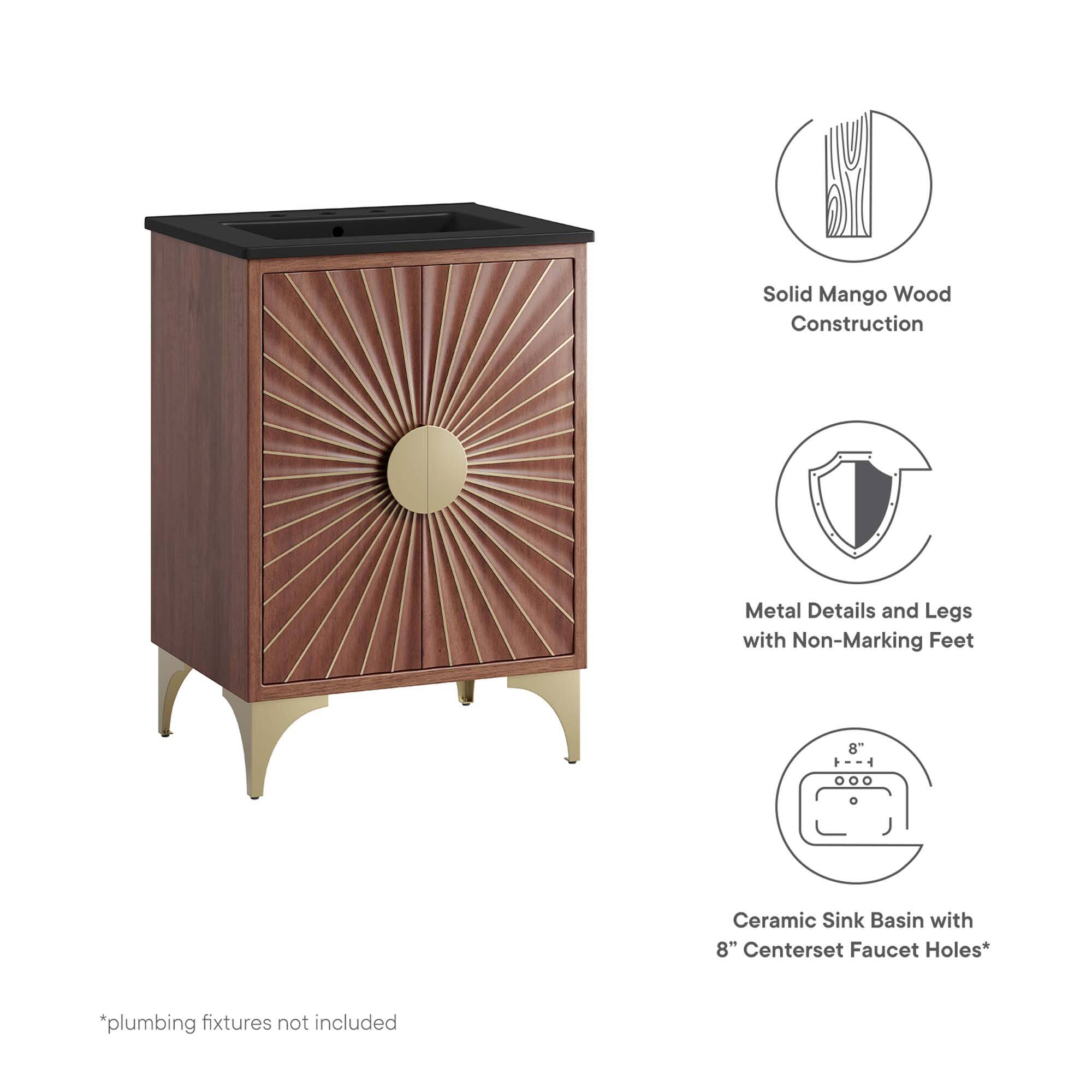 Solid Mango Wood Construction  
Metal Details and Legs with Non-Marking Feet  
8 Ceramic Sink Basin with 8" Centerset Faucet Holes*  
*plumbing fixtures not included