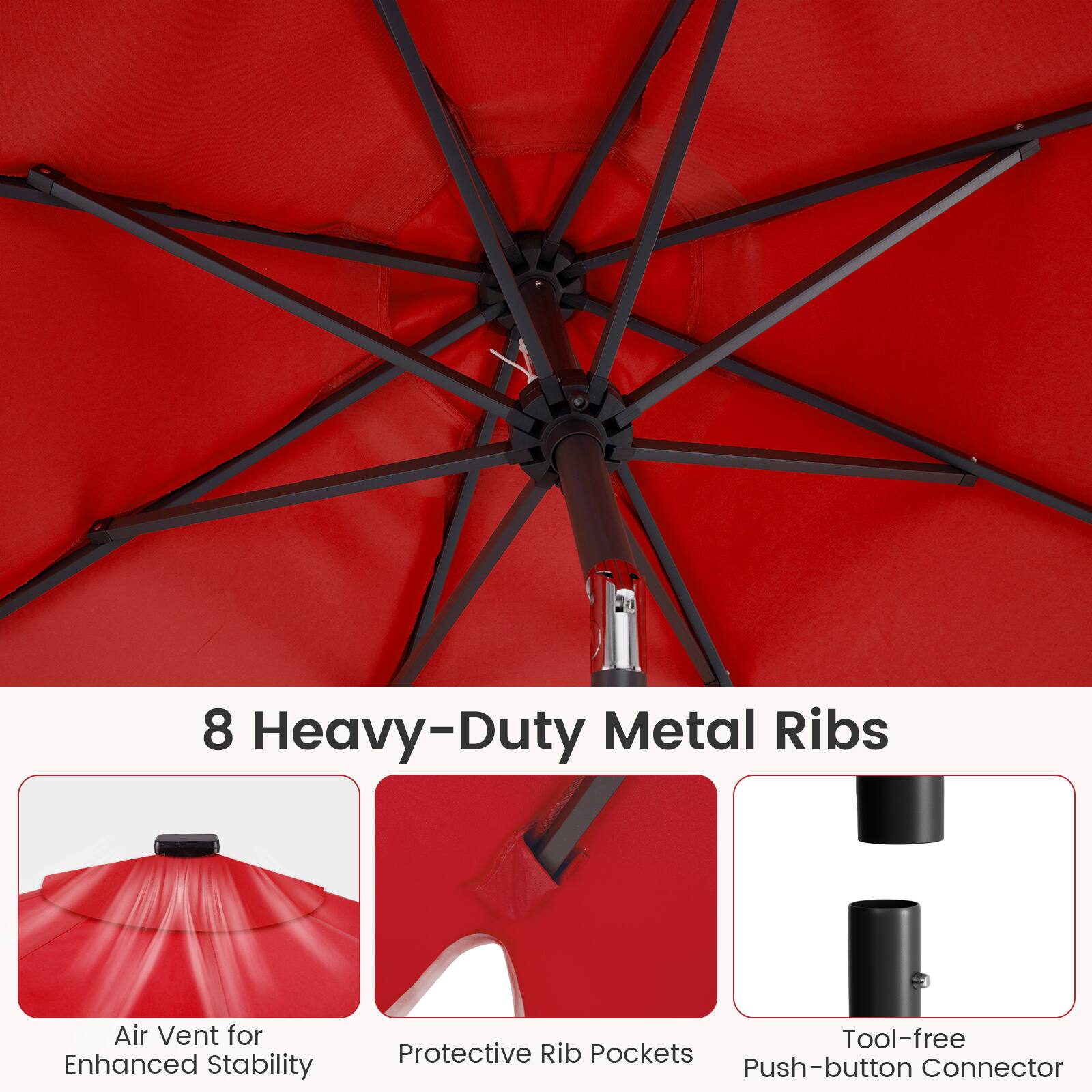 8 Heavy-Duty Metal Ribs  
Air Vent for Enhanced Stability  
Tool-free Protective Rib Pockets  
Push-button Connector