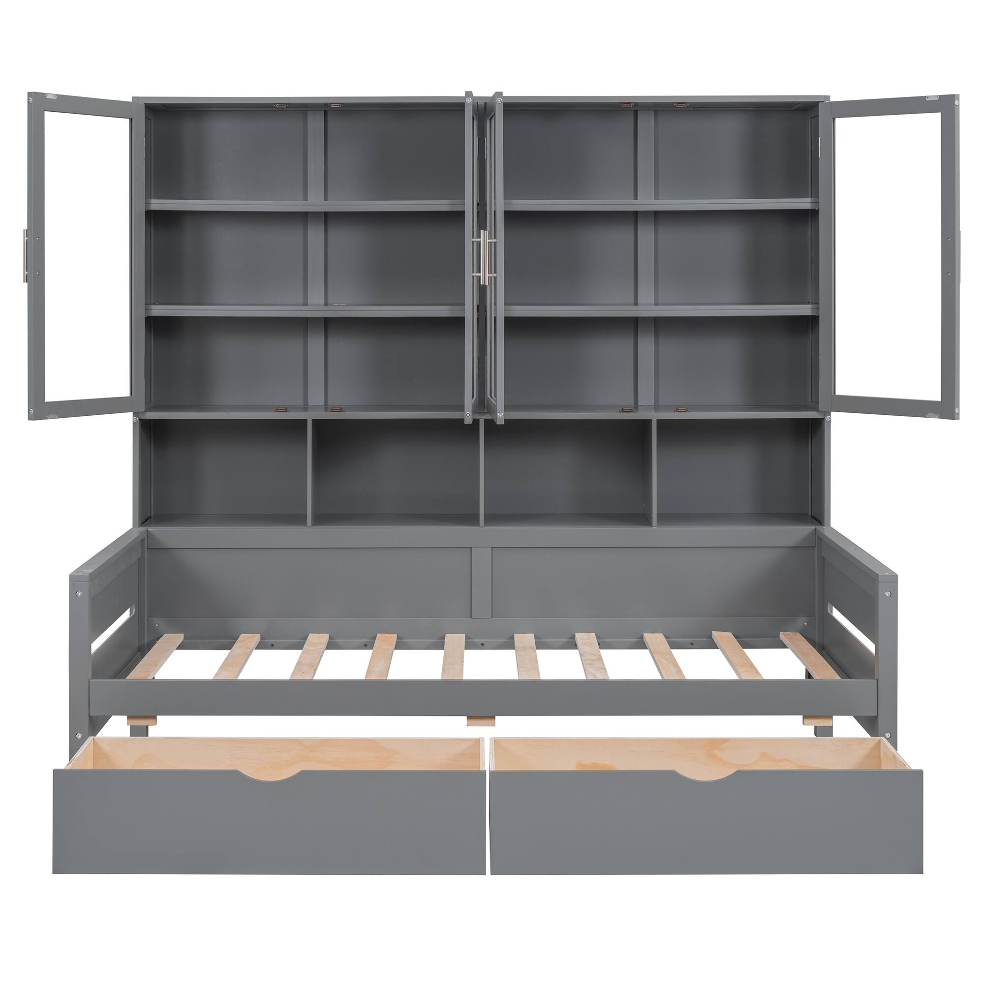 Alt View 5. Tiramisubest - Twin Size Wooden Daybed with Glass-Door Storage Cabinets, Built-in LED Lighting and Shelves, Gray - Gray.