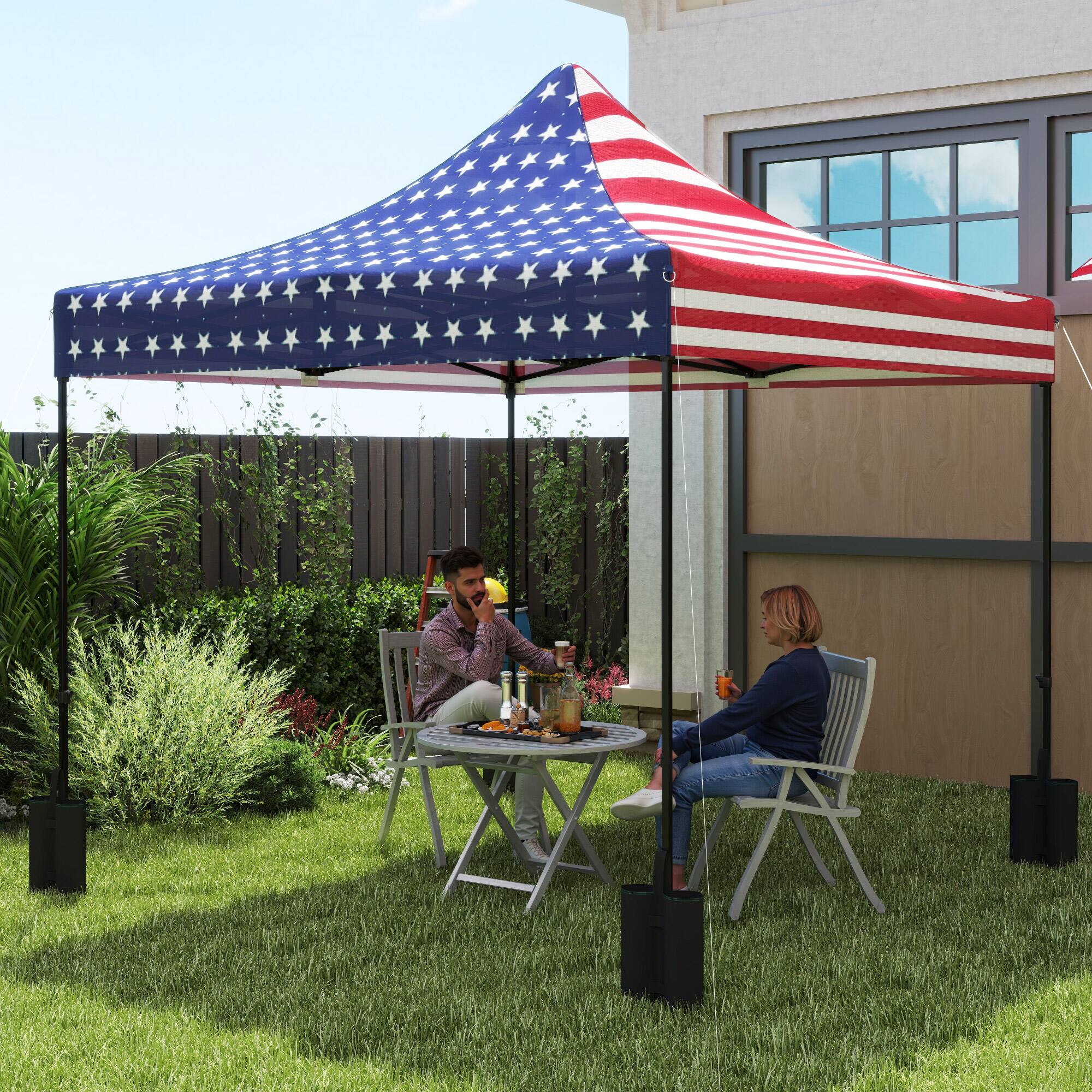 Angle. Outsunny - 10' x 10' Canopy Replacement Cover with 4 Weight Bags and 8 Drainage Holes, UPF50+ Pop Up Canopy Cover Replacement Top - American Flag.