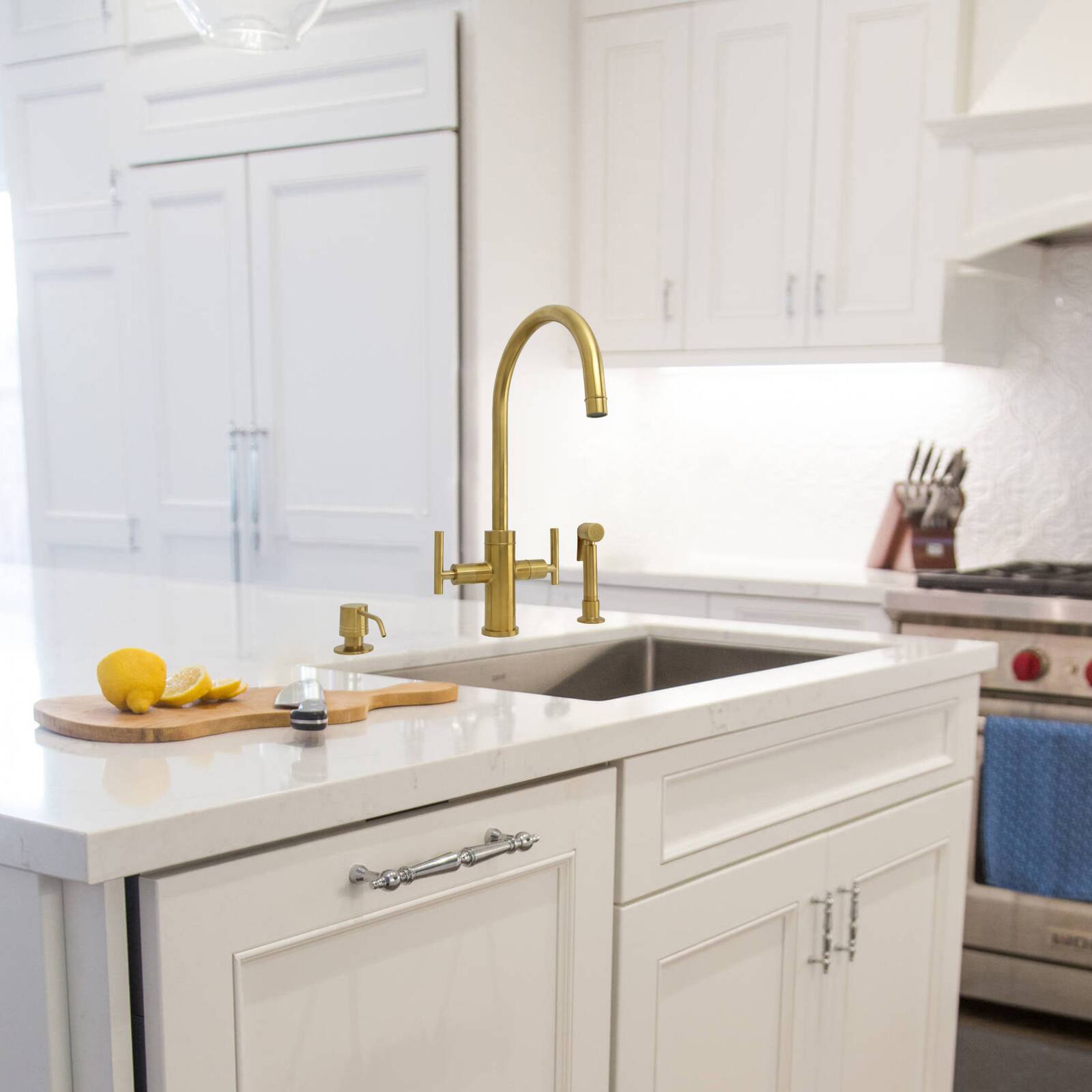 Alt View 3. Akicon - Akicon Two-Handles 360° Swivel Widespread Kitchen Faucet with Side Sprayer in Brushed Gold - Brushed Gold.