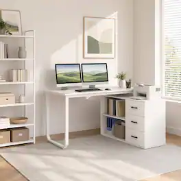 WELLFOR - 55" Inch Reversible L Shaped Desk with Charging Station & 3 Drawers, Modern Computer Desk with Storage Shelves - White