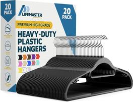 Lifemaster - 20-Pack Clothes Hangers – Heavy Duty, 360° Swivel Hook, Non-Slip, Space-Saving with Tie Bar & Pant Bar - Black