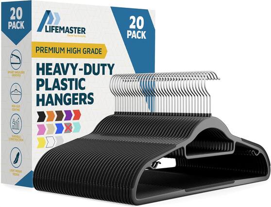 20 PACK, LIFEMASTER, Elevate Your Everyday, PREMIUM HIGH GRADE, SMART SHOULDER GROOVES, HEAVY-DUTY PLASTIC HANGERS, NON-SLIP COATING, DURABLE CONSTRUCTION, LIGHT WEIGHT DESIGN