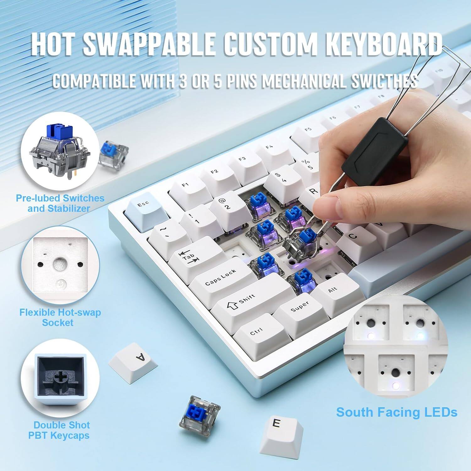 HOT SWAPPABLE CUSTOM KEYBOARD COMPATIBLE WITH 3 OR 5 PINS MECHANICAL SWITCHES

- Pre-lubed Switches and Stabilizer
- Flexible Hot-swap Socket
- Double Shot PBT Keycaps
- South Facing LEDs