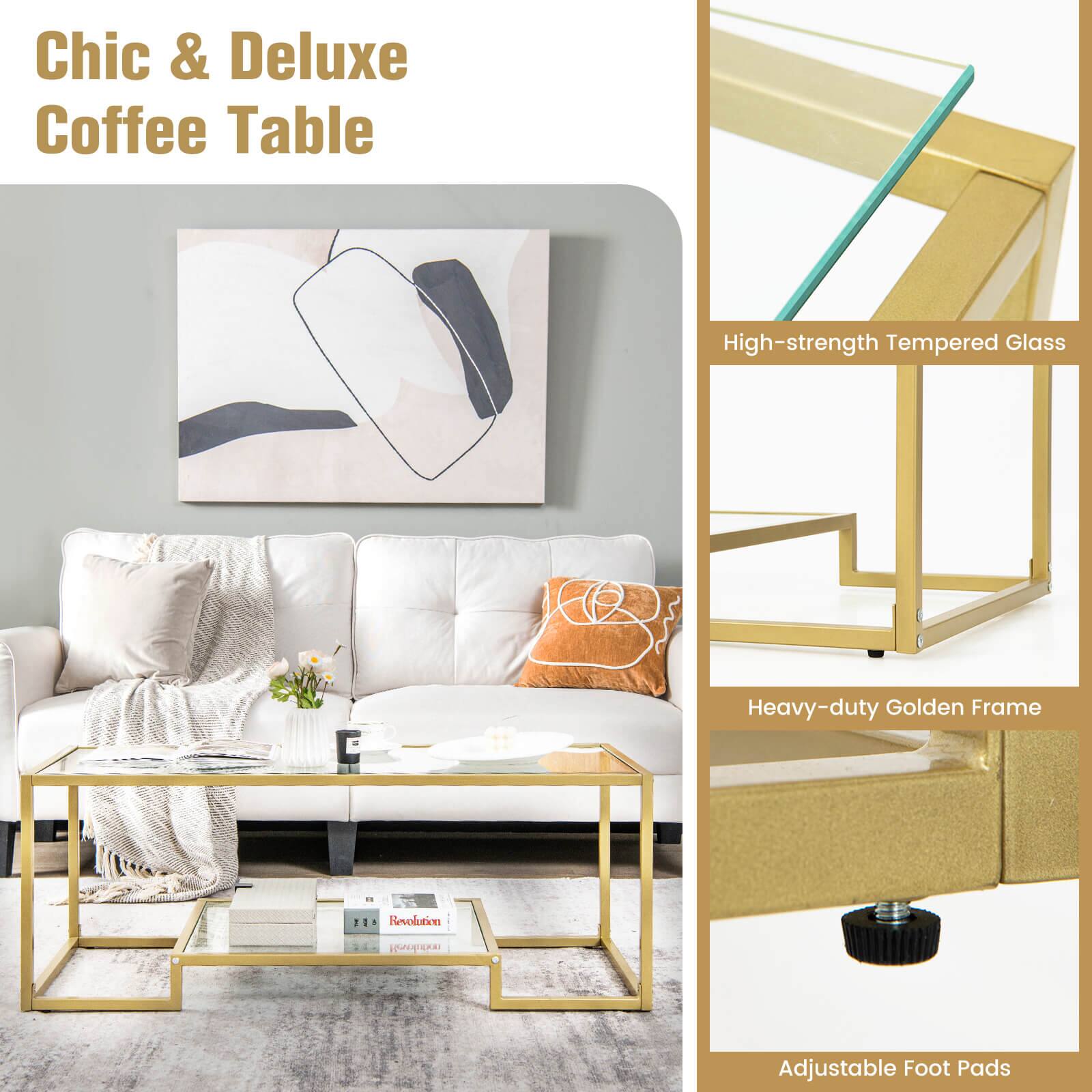 Chic & Deluxe Coffee Table High-strength Tempered Glass Heavy-duty Golden Frame 30 Reolution s Adjustable Foot Pads