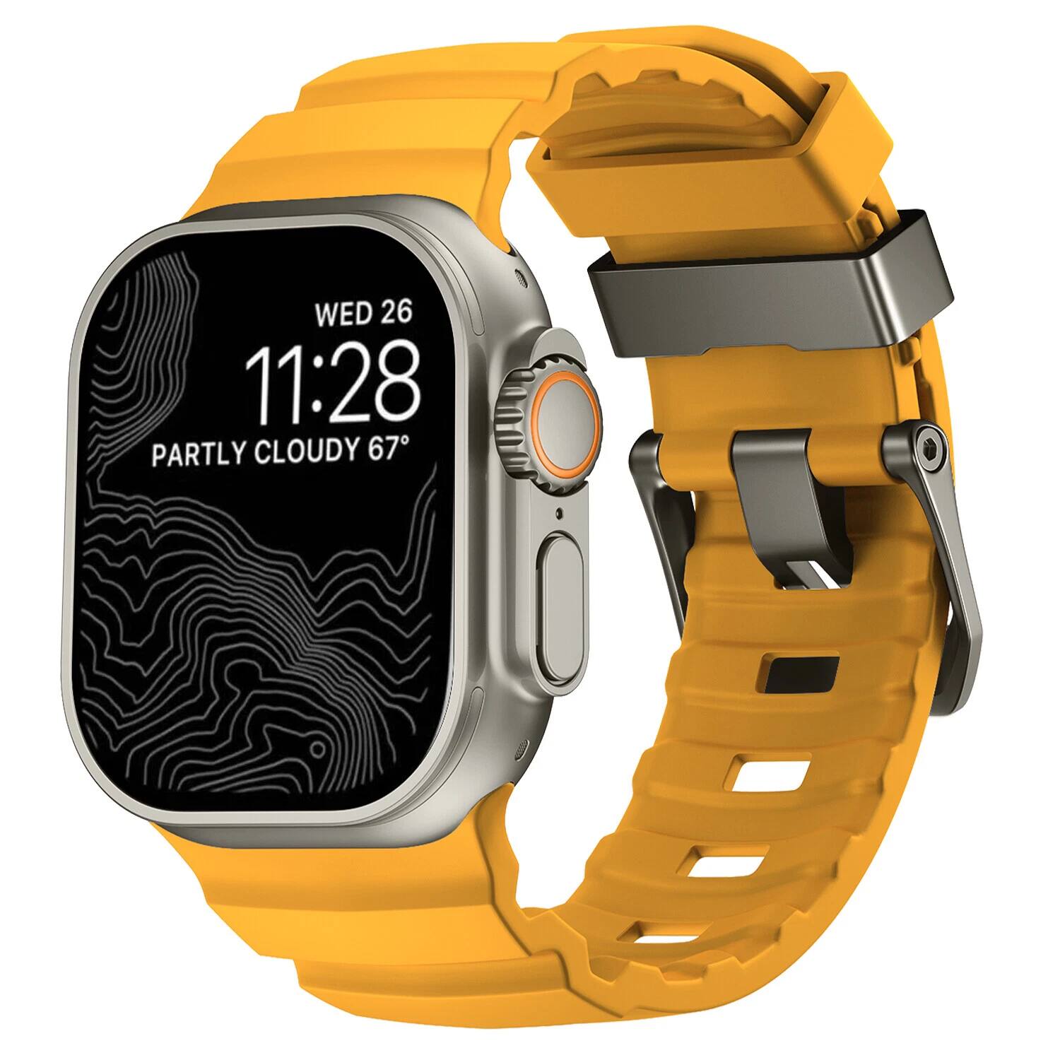 Dteck - Sport Band for Apple Watch Ultra 49mm/Series 11 10 9 8 7 6 5 4 SE 44/45/46mm, Durable Silicone Strap with Metal Hardware - Yellow-Titanium Buckle