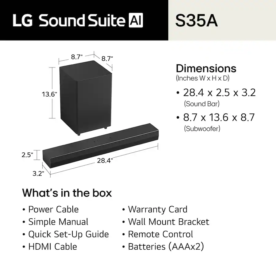 LG 2.1 Channel S35A Soundbar with Wireless Subwoofer, Dolby Audio and ...