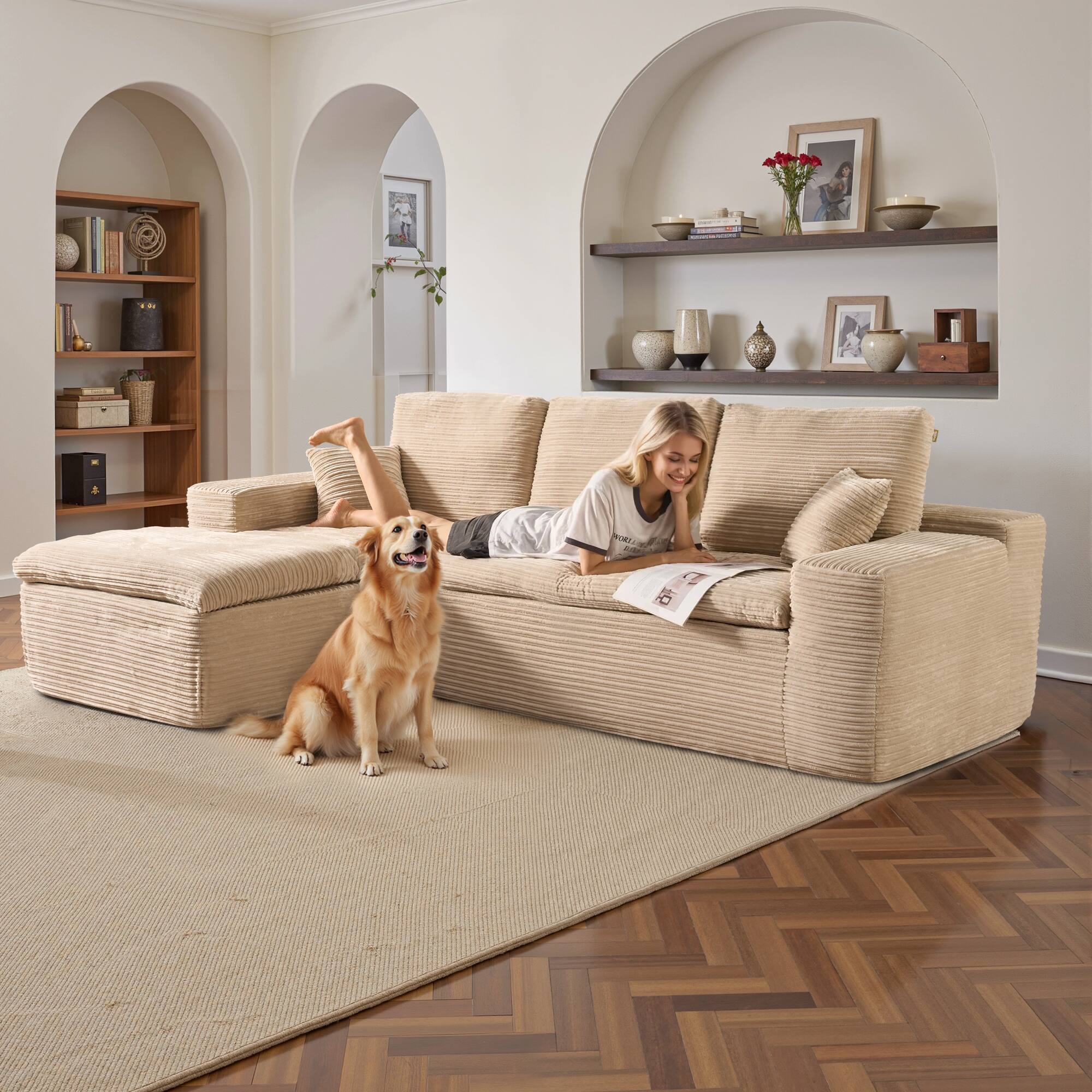 Alt View 2. Ovios - 2 Pieces Cloud Like Sectional Sofa, L-Shaped Couch with Chaise for Living Room - Beige(Corduroy, Left Facing).