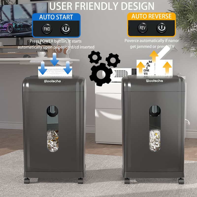 USER FRIENDLY DESIGN

AUTO START
- Press POWER button, It starts automatically upon paper/card/cd inserted

AUTO REVERSE
- Powerce automatically if nanor get jammed or press REV

Woolsche