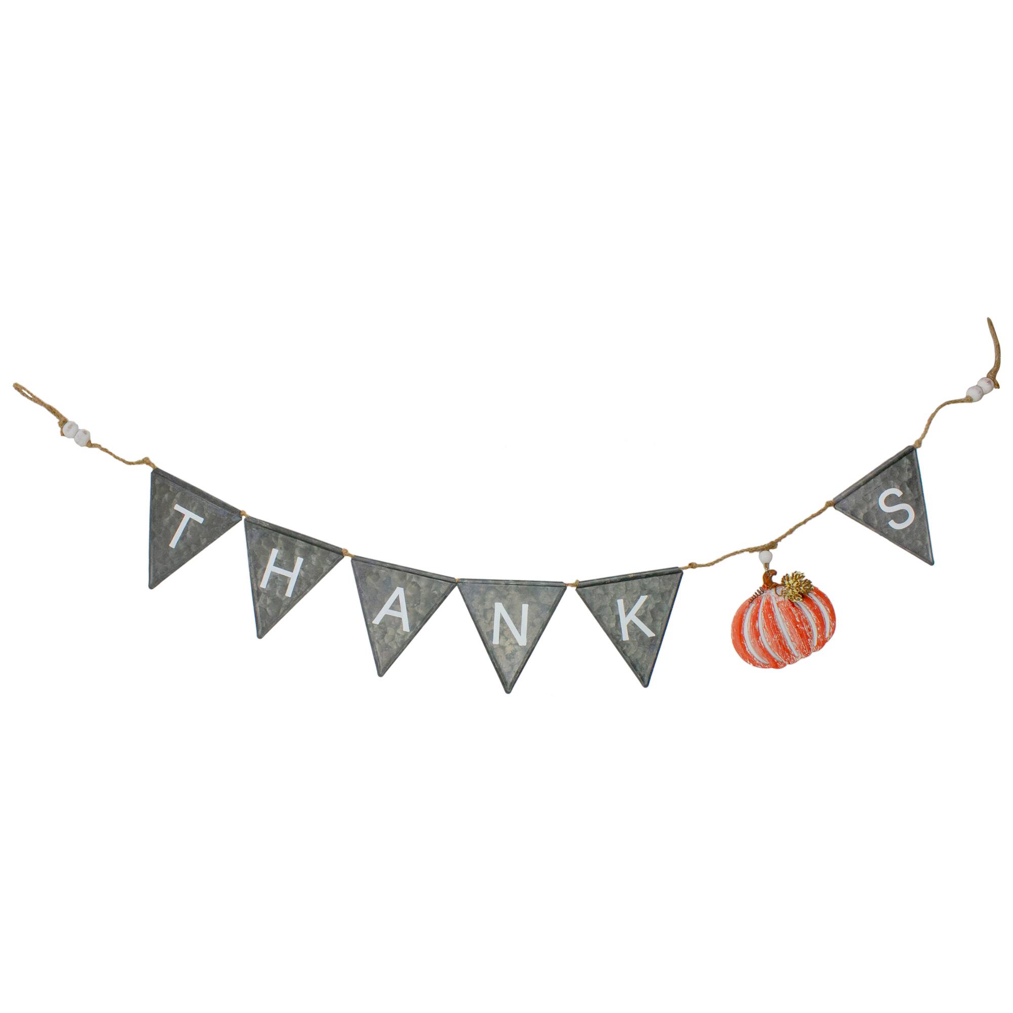Front. Northlight - 64" Metal Gray, White, and Orange Thanksgiving "THANKS" Decorative Banner - Gray.