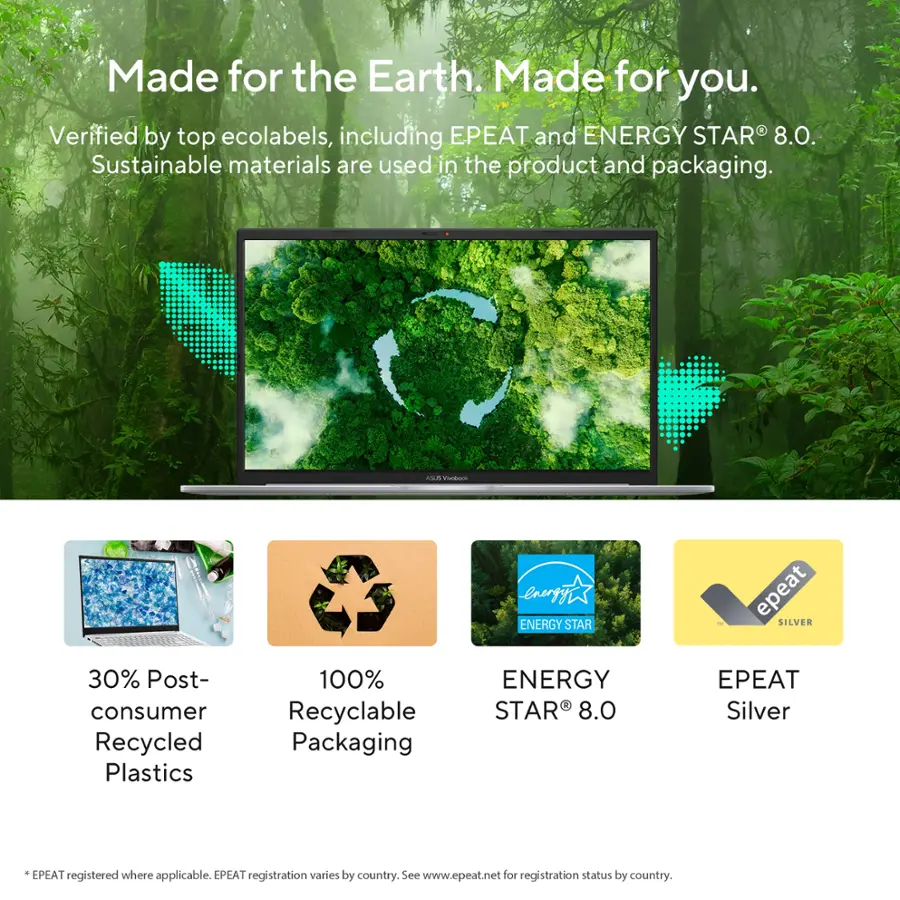 Made for the Earth. Made for you. Verified by top ecolabels, including EPEAT and ENERGY STAR 8.0. Sustainable materials are used in the product and packaging. Ad C energyi ENERGY STAR epeat SILVER 30% Post-consumer Recycled Plastics 100% Recyclable Packaging ENERGY STAR 8.0 PEAT Silver EPEAT registered where applicable. EPEAT registration varies by country. See [www.epeat.net](http://www.epeat.net) for registration status by country.