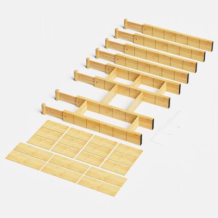 Front. Tooloton - Adjustable Bamboo Drawer Organizers with Inserts and Labels for Kitchen, Office, 8 Dividers & 18 Inserts (17-22 Inch) - Natural.