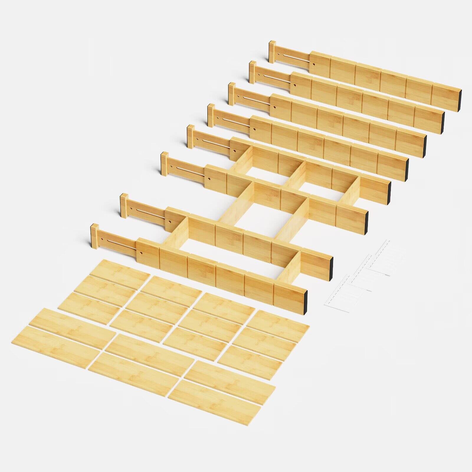 Front. Tooloton - Adjustable Bamboo Drawer Organizers with Inserts and Labels for Kitchen, Office, 8 Dividers & 18 Inserts (17-22 Inch) - Natural.