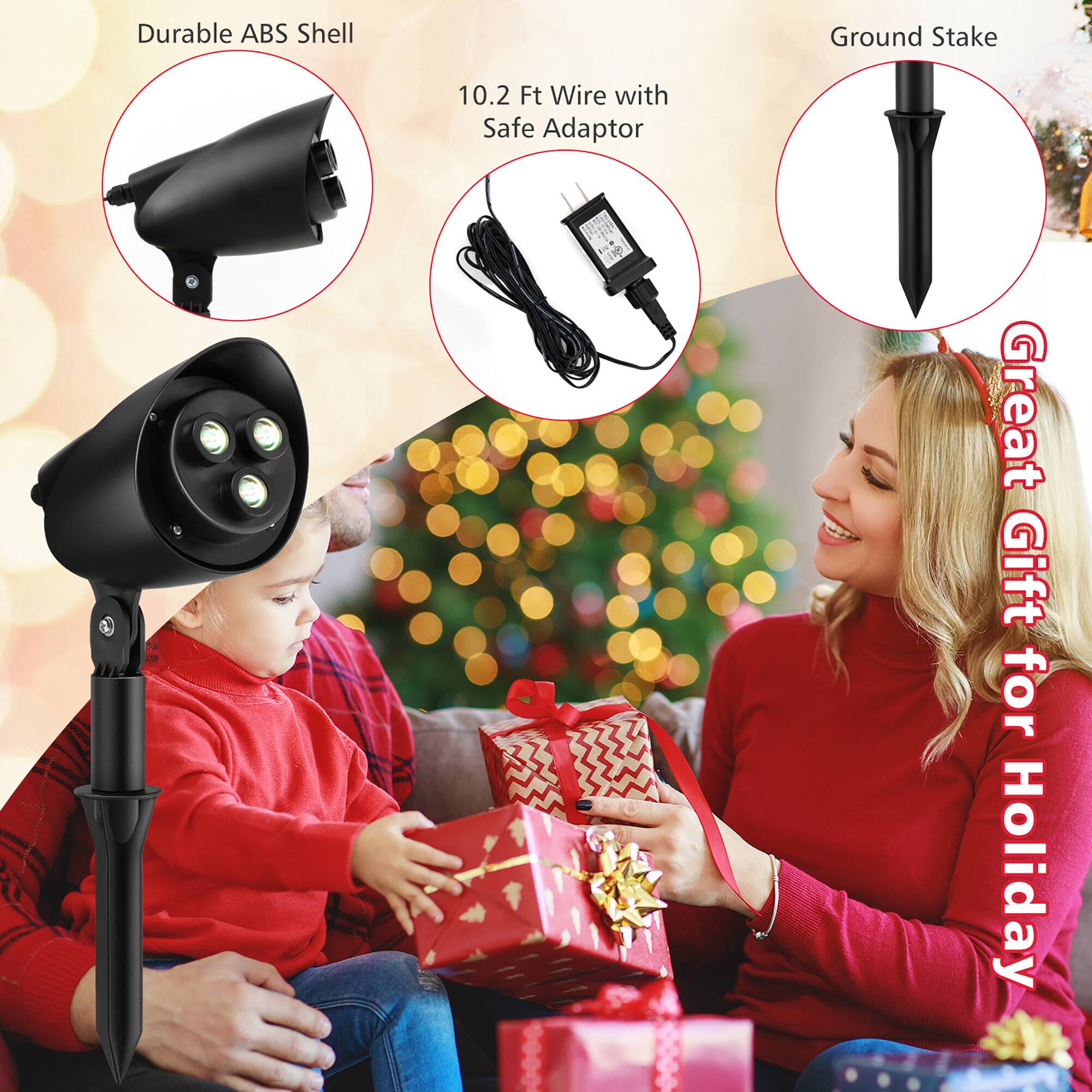 Durable ABS Shell  
10.2 Ft Wire with Safe Adaptor  
Ground Stake  
Great Gift for Holiday