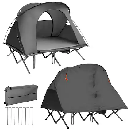 Front. Costway - 2-Person Outdoor Camping Tent Cot Elevated Compact Tent Set W/ External Cover Grey - Grey.