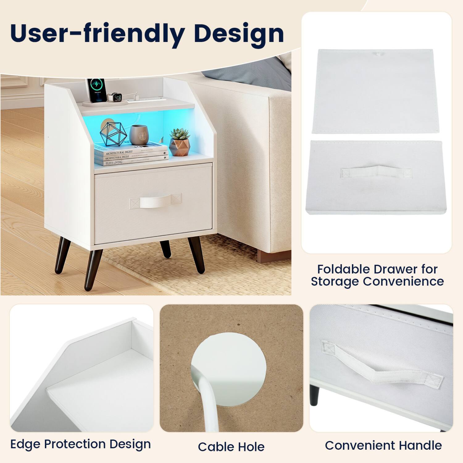 User-friendly Design

Foldable Drawer for Storage Convenience

Edge Protection Design

Cable Hole

Convenient Handle
