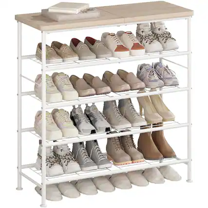 Front. ThinkLink Electronic - Shoe Rack Organizer For Closet Entryway Free Standing Metal Storage Shelf With Mdf Top Board rustic - White+oak 5 Tier.