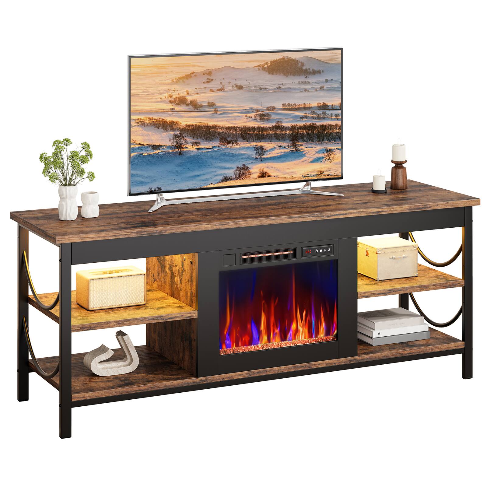 Alt View 4. Pinmoco - Pinmoco - Electric Fireplace TV Stand Fit for TVs up to 65 Inch Gaming Entertainment Center with Open Storage Shelves - Rustic Brown.