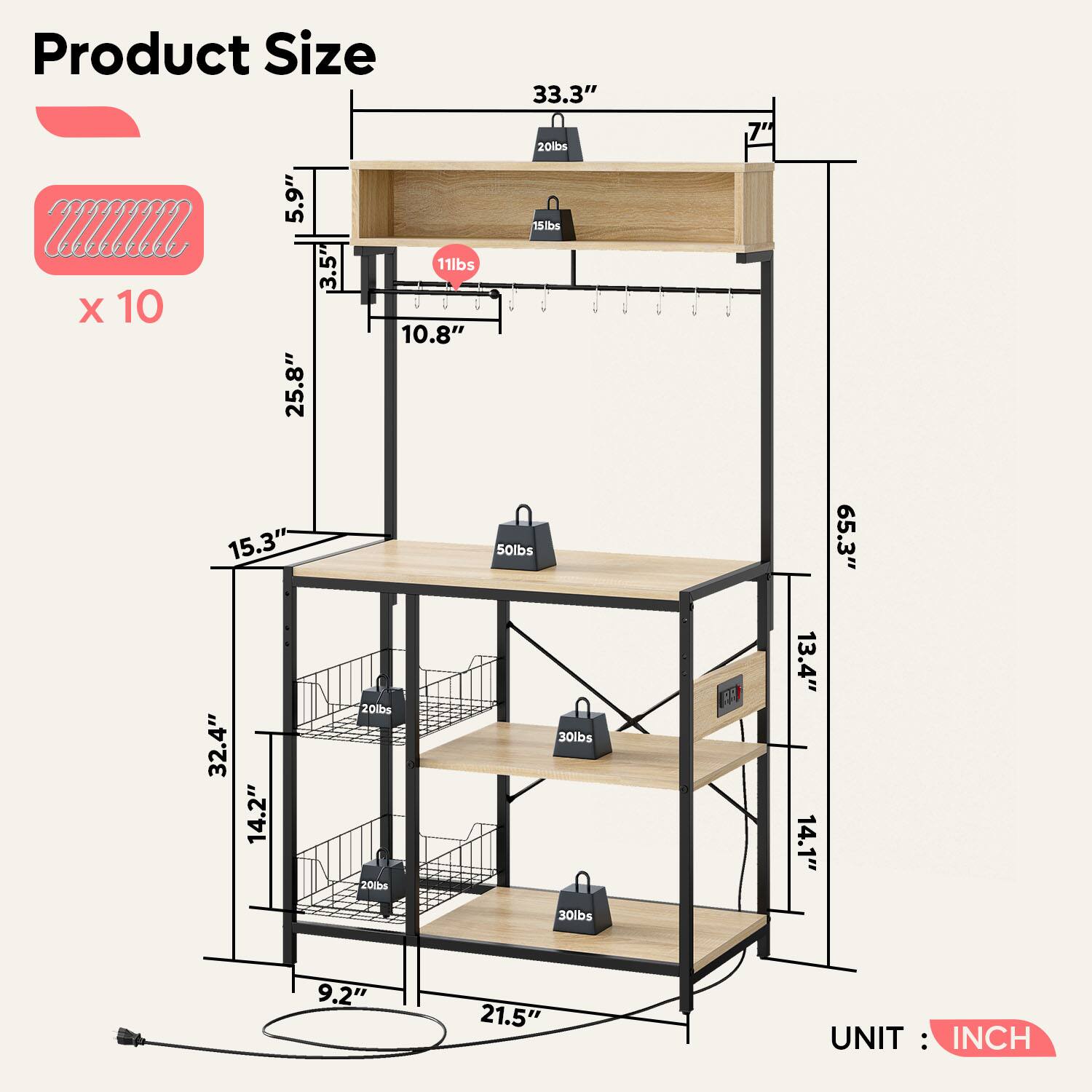 Product Size

- 5.9" x 3.5" x 10.8" (11lbs)
- 25.8" x 33.3" x 7" (20lbs)
- 15.3" x 32.4" x 14.2" (20lbs)
- 9.2" x 21.5" x 65.3" (30lbs)
- 13.4" x 14.1" x 30lbs

UNIT: INCH